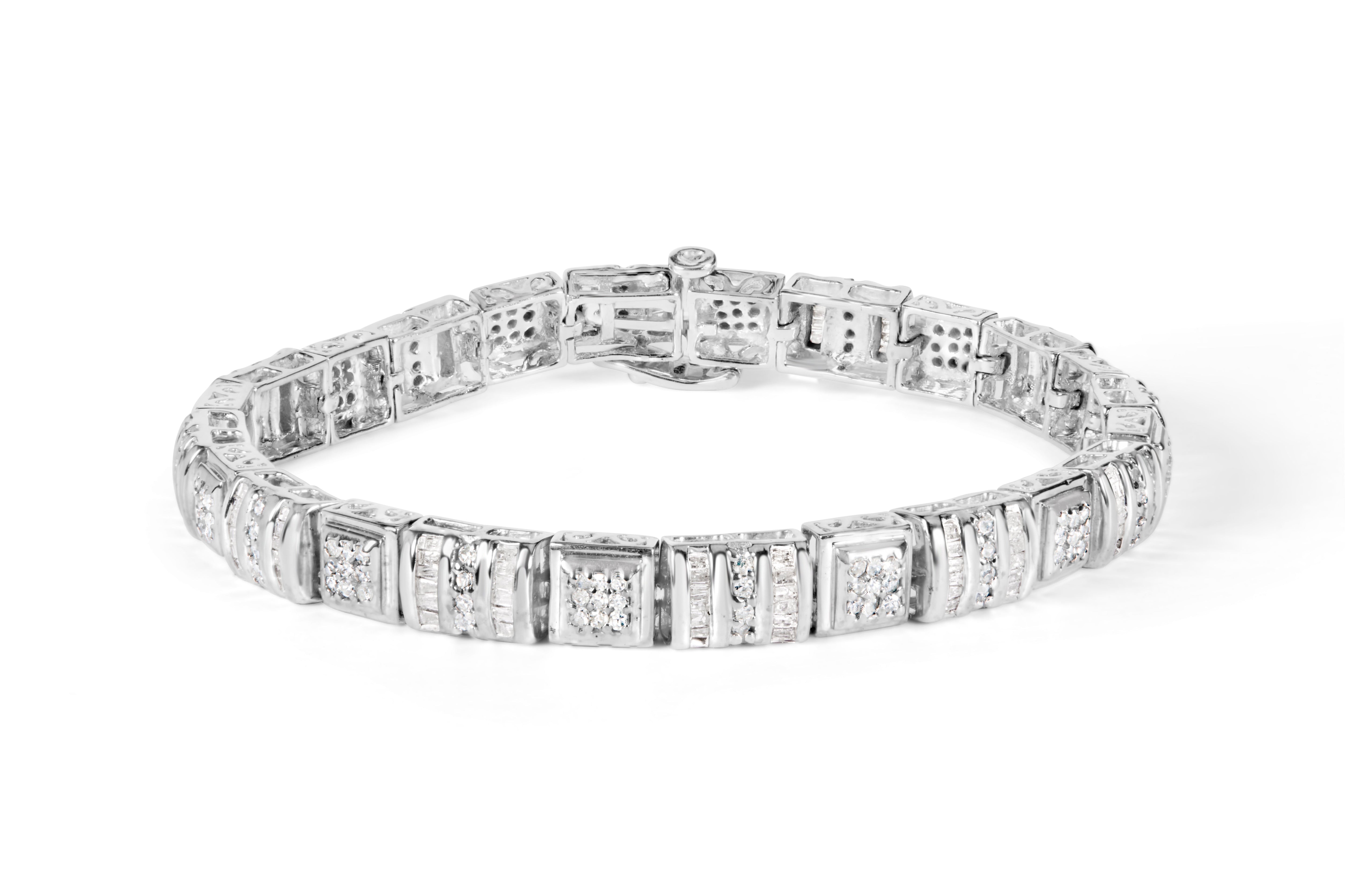 10K White Gold Round and Baguette Cut Diamond Bracelet 2.00 cttw, H-I Color, I2-I3 Clarity on sale at MyriadMart