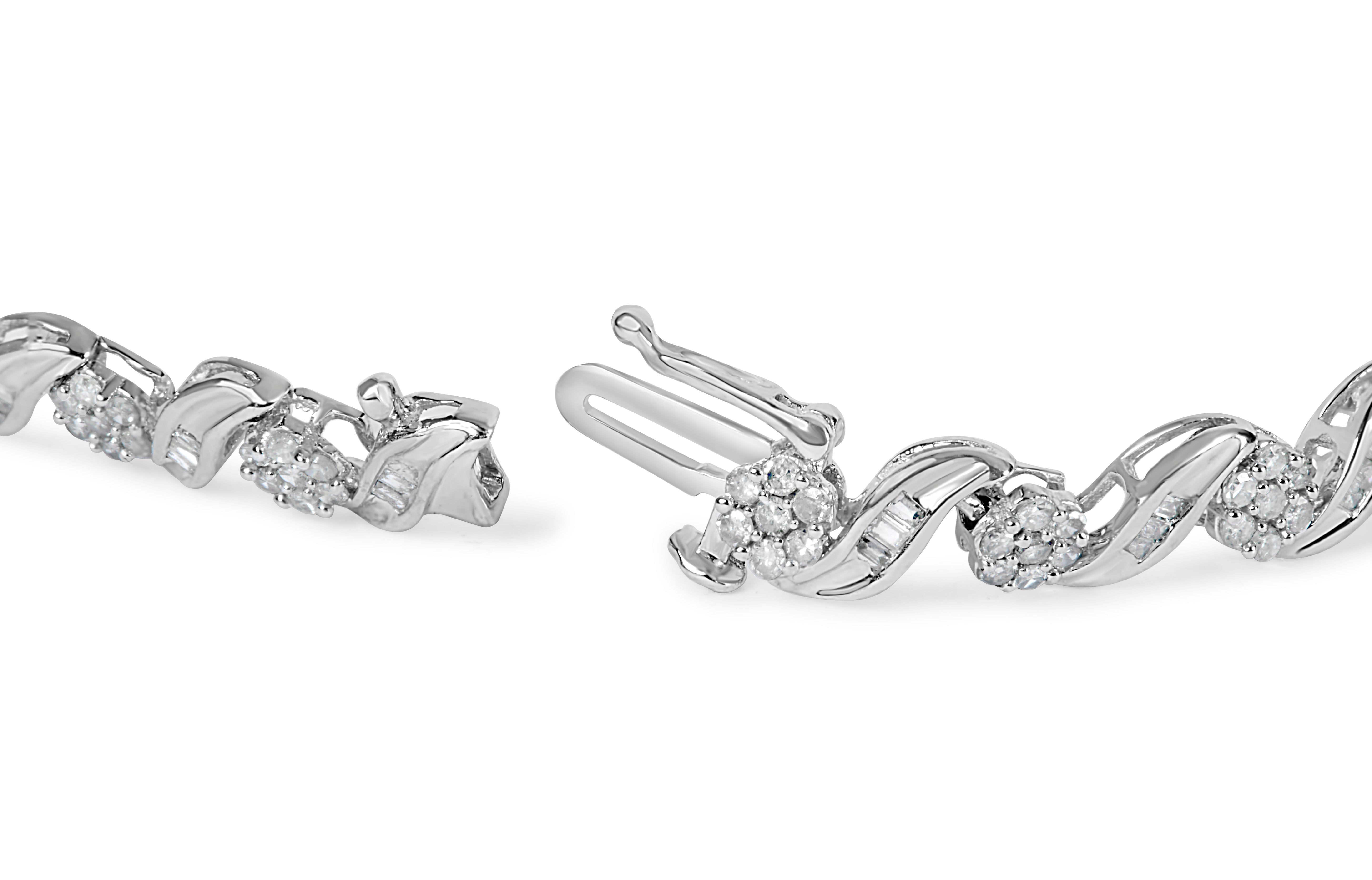 10K White Gold 2.00 Cttw Round-Cut and Baguette-Cut Diamond Floral Design Swirl Link 7" Bracelet I-J Color, I1-I2 Clarity on sale at MyriadMart