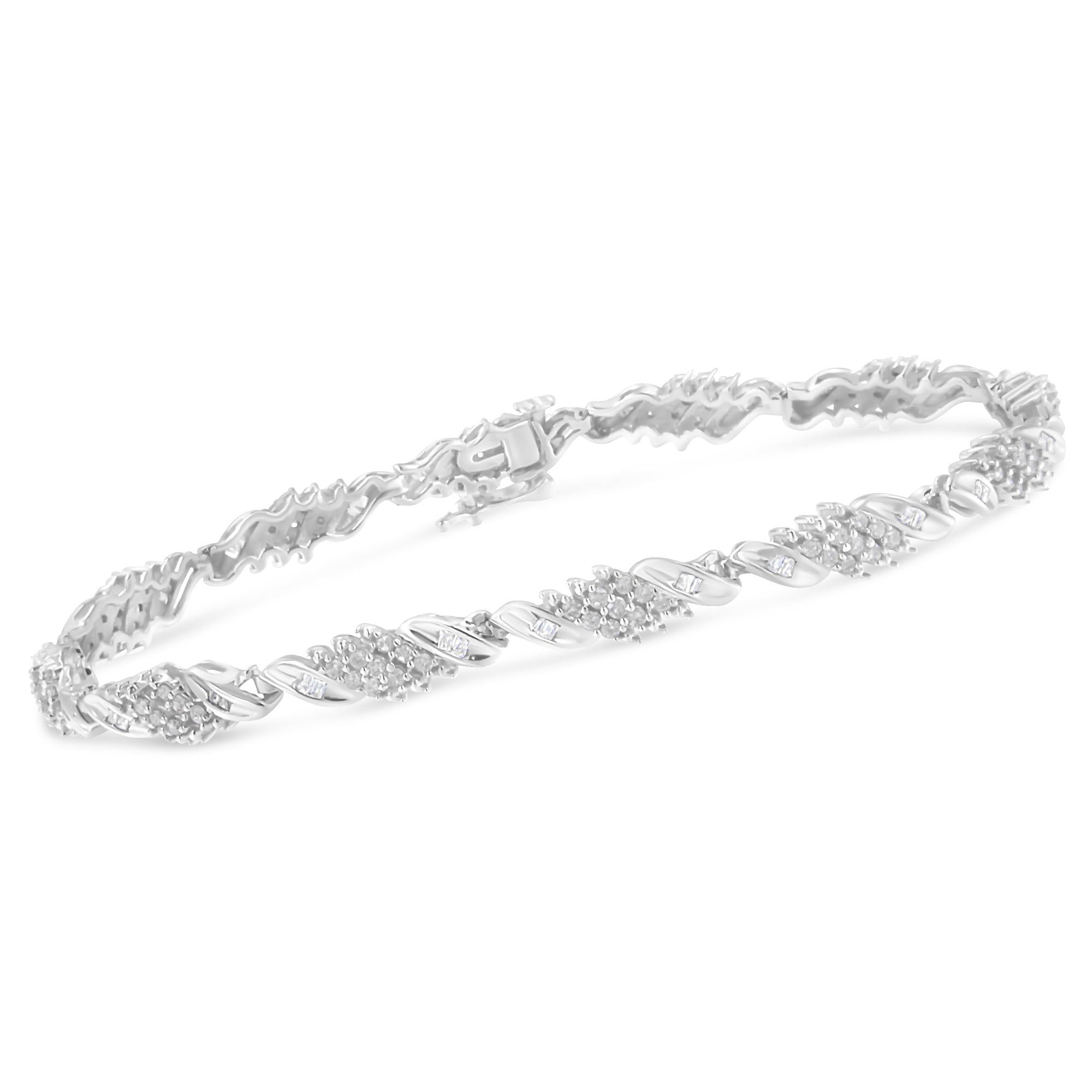 .925 Sterling Silver 1-1/2 Cttw Round and Baguette Cut Diamond Wave Link Bracelet I-J Color, I2-I3 Clarity - 7" on sale at MyriadMart