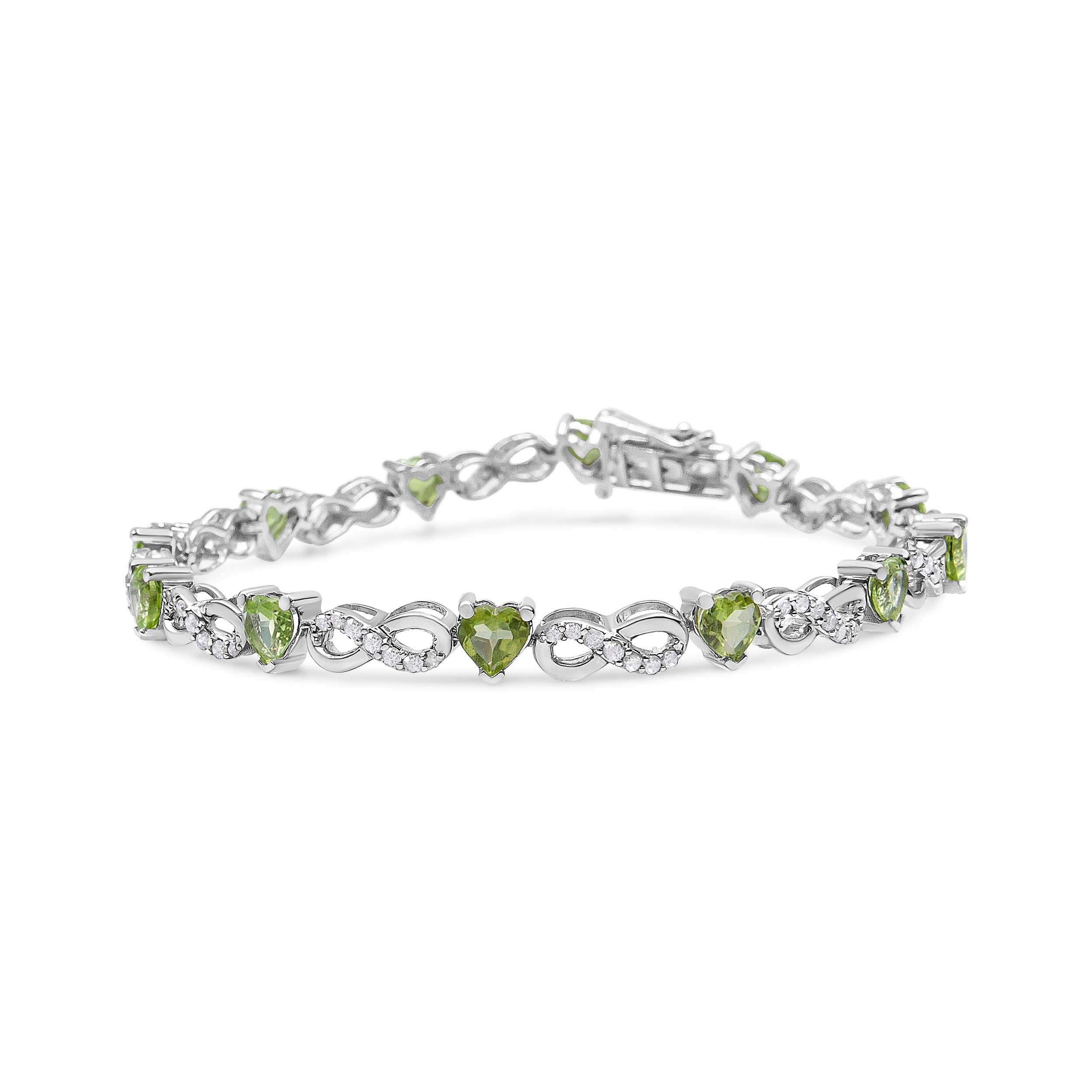 .925 Sterling Silver 1.00 Cttw Diamond and 4.00mm Lab Created Green Heart-Shaped Peridot Infinity Link Bracelet I-J Color, I2-I3 Clarity - 7.25" on sale at MyriadMart