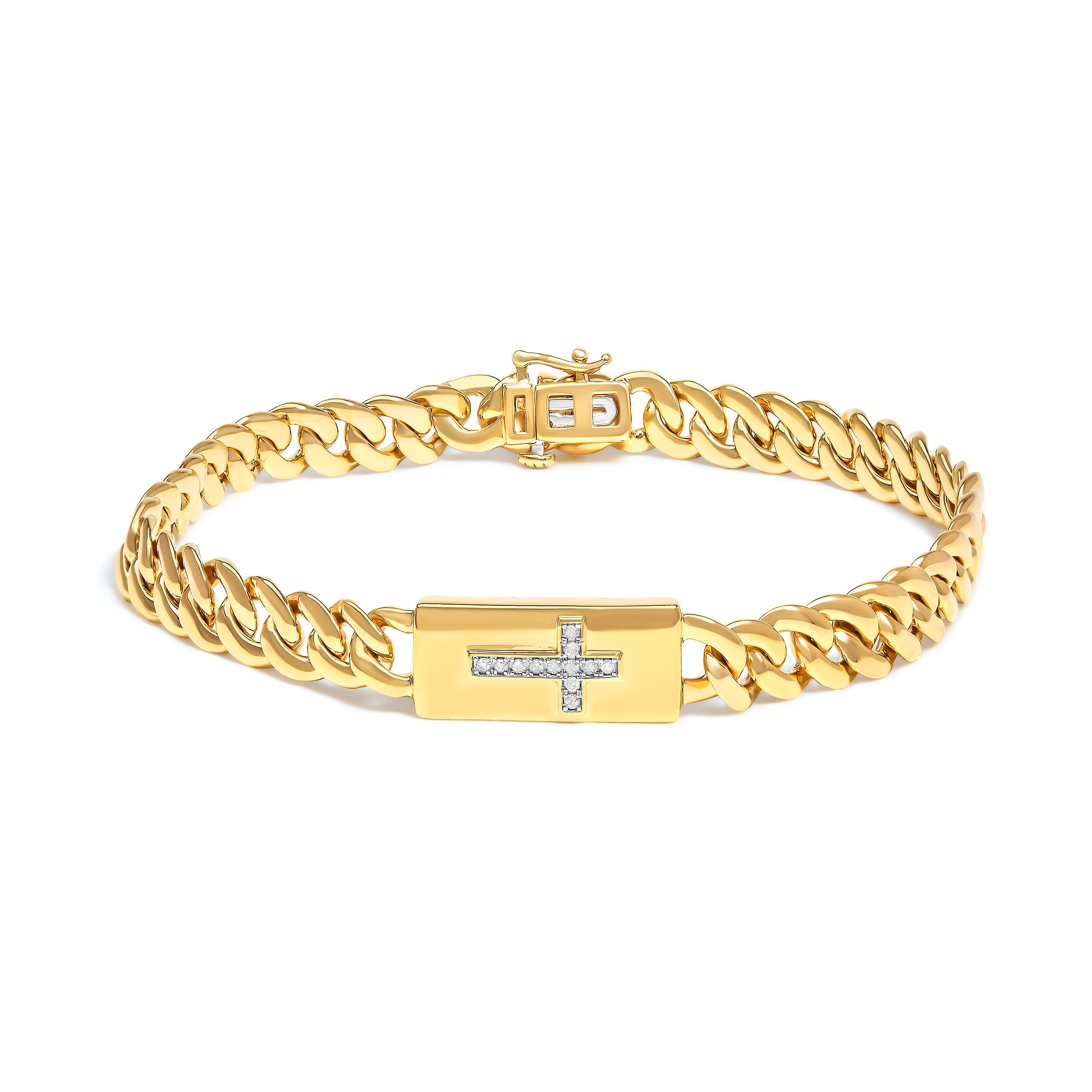 14K Yellow Gold Plated .925 Sterling Silver Diamond Accent Inlaid Cross Cuban Link Bracelet (I-J Color, I3 Clarity)- 7.25"