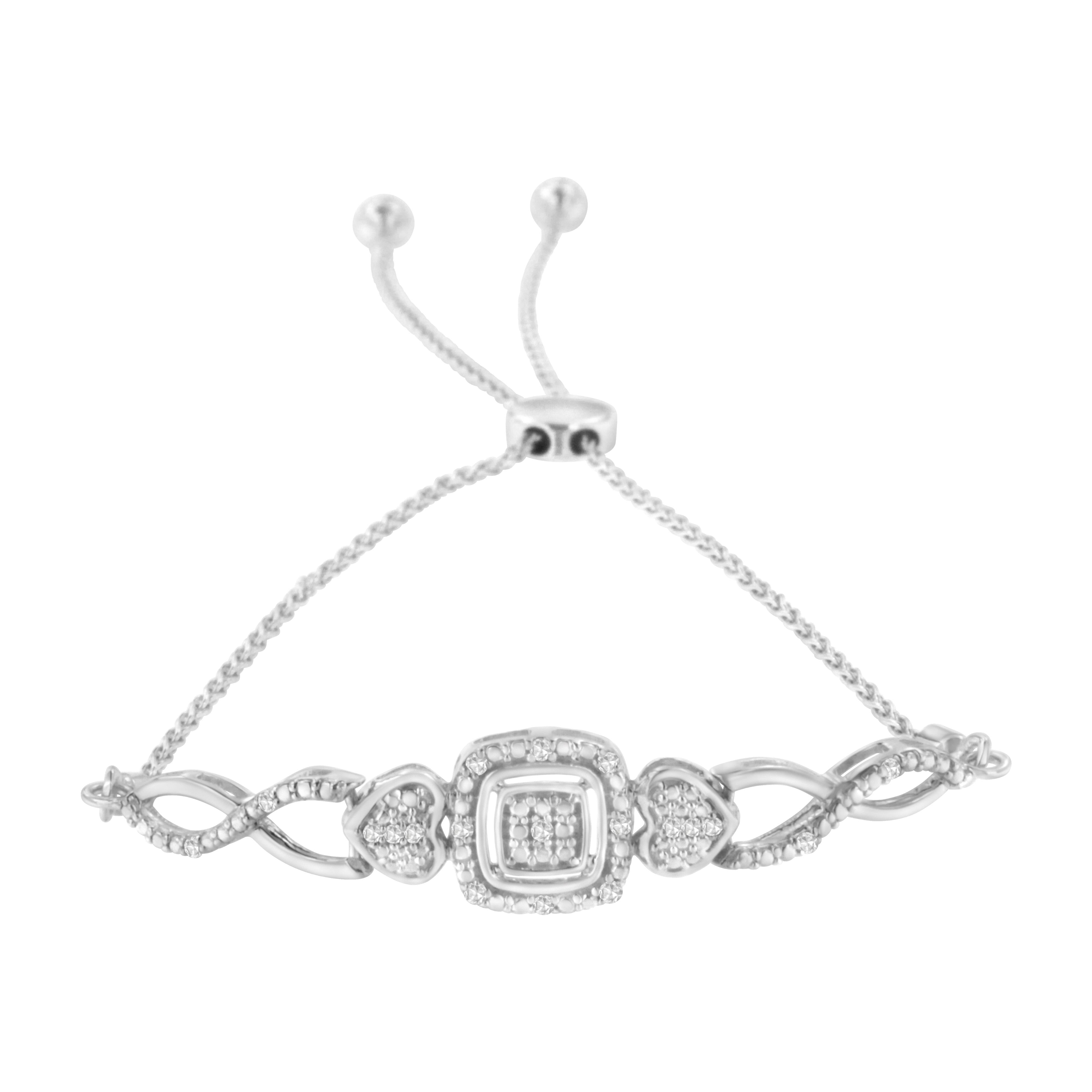 .925 Sterling Silver Diamond Cushion Frame Heart-Sides Twist 4â€-10†Adjustable Bolo Tennis Bolo Bracelet I-J Color, I3 Clarity on sale at MyriadMart