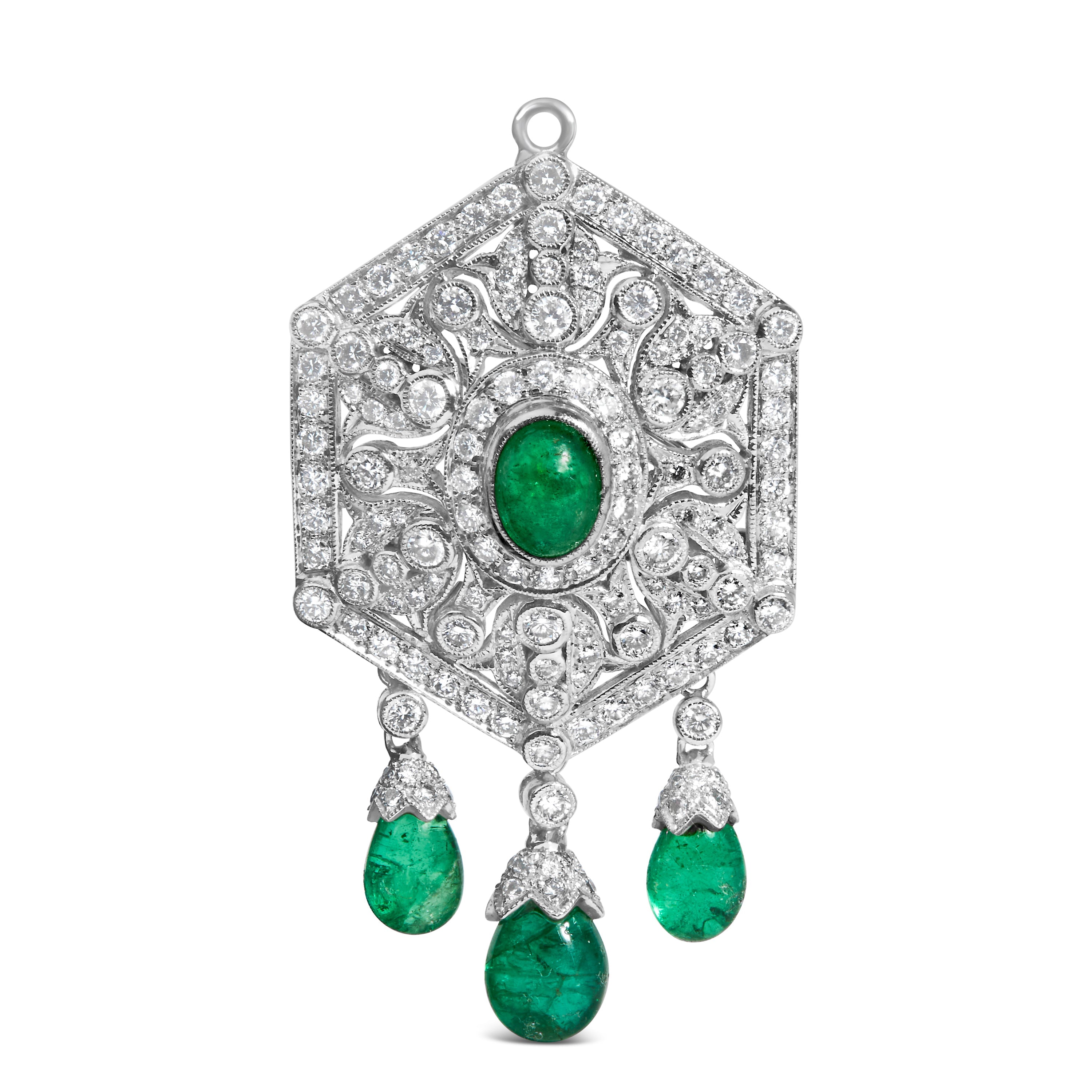 18K 2 3/4 Cttw Diamond and Emerald Dangle Art Deco Shield Brooch Pin Pendant G-H Color, VS1-VS2 Clarity CHAIN NOT INCLUDED on sale at MyriadMart