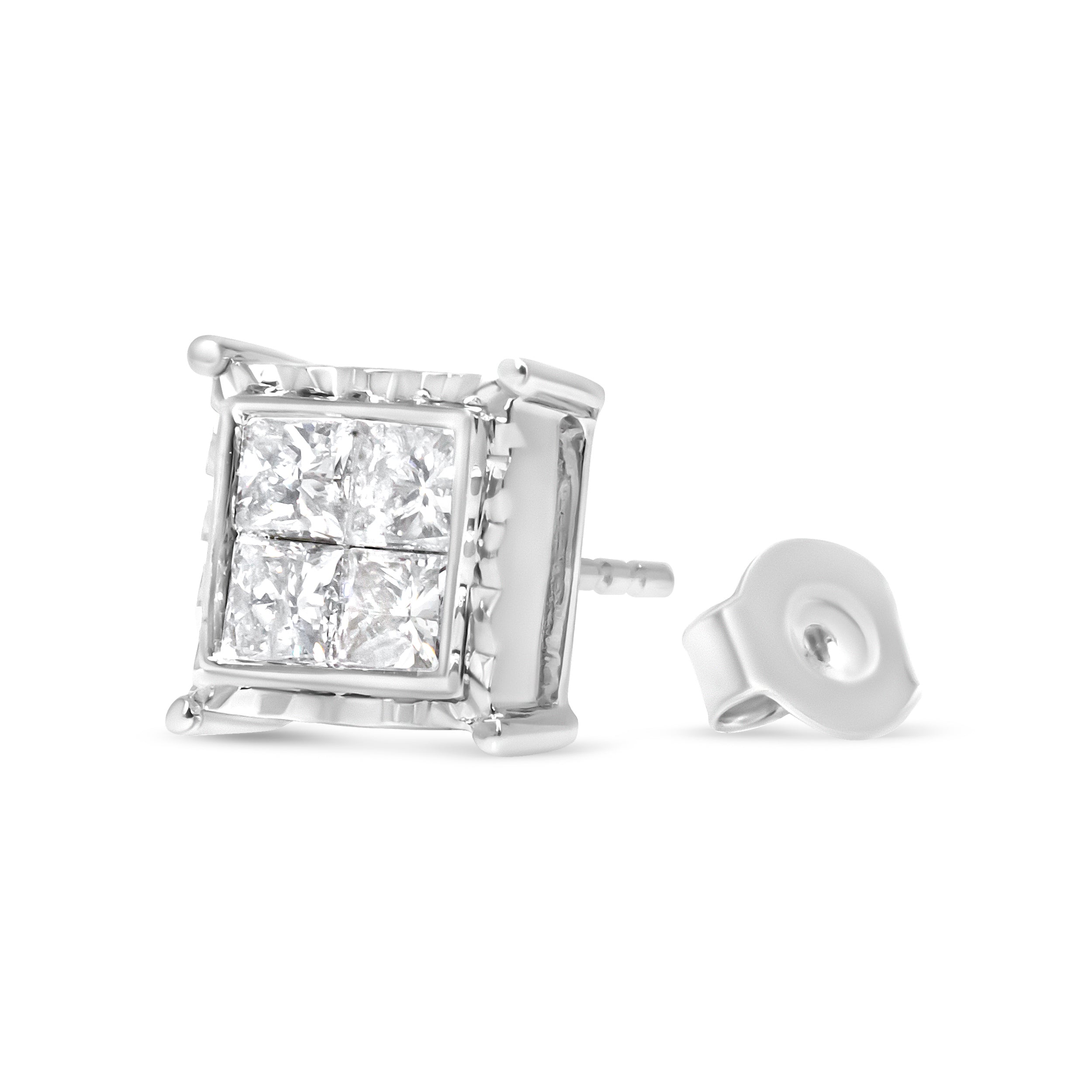 14K White Gold 1 1/2 Cttw Invisible Set Princess-Cut Diamond Contemporary Wavy Quad Stud Earrings I-J Color, I1-I2 Clarity on sale at MyriadMart