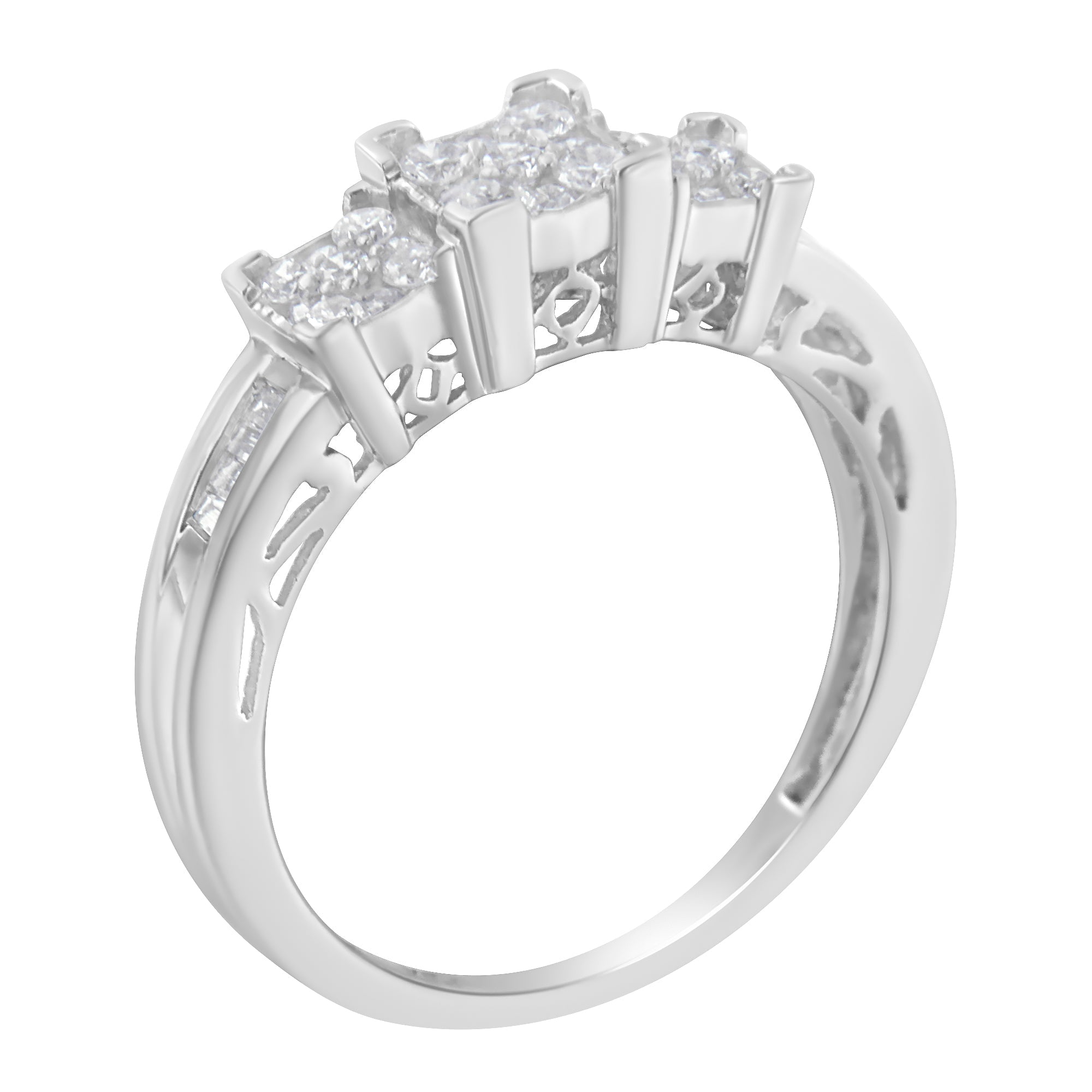 10K White Gold 1/2 Cttw Brilliant & Baguette Cut Diamond 3 Stone Design with 3 Square Clusters Engagement Ring H-I Color, SI2-I1 Clarity - Size 6-3/4 on sale at MyriadMart