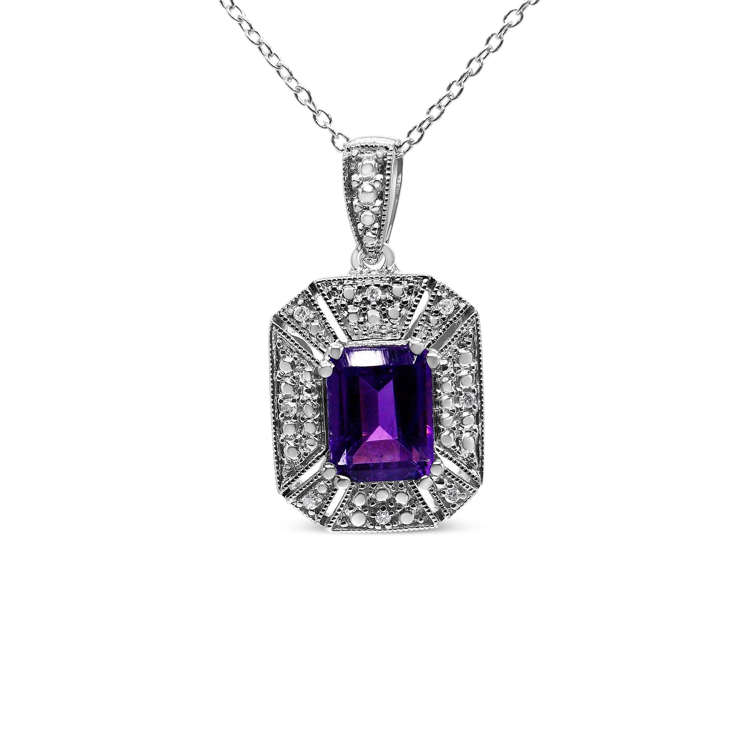 .925 Sterling Silver Purple Amethyst and Diamond Accent Art Deco Style 18" Pendant Necklace I-J Color, I1-I2 Clarity on sale at MyriadMart
