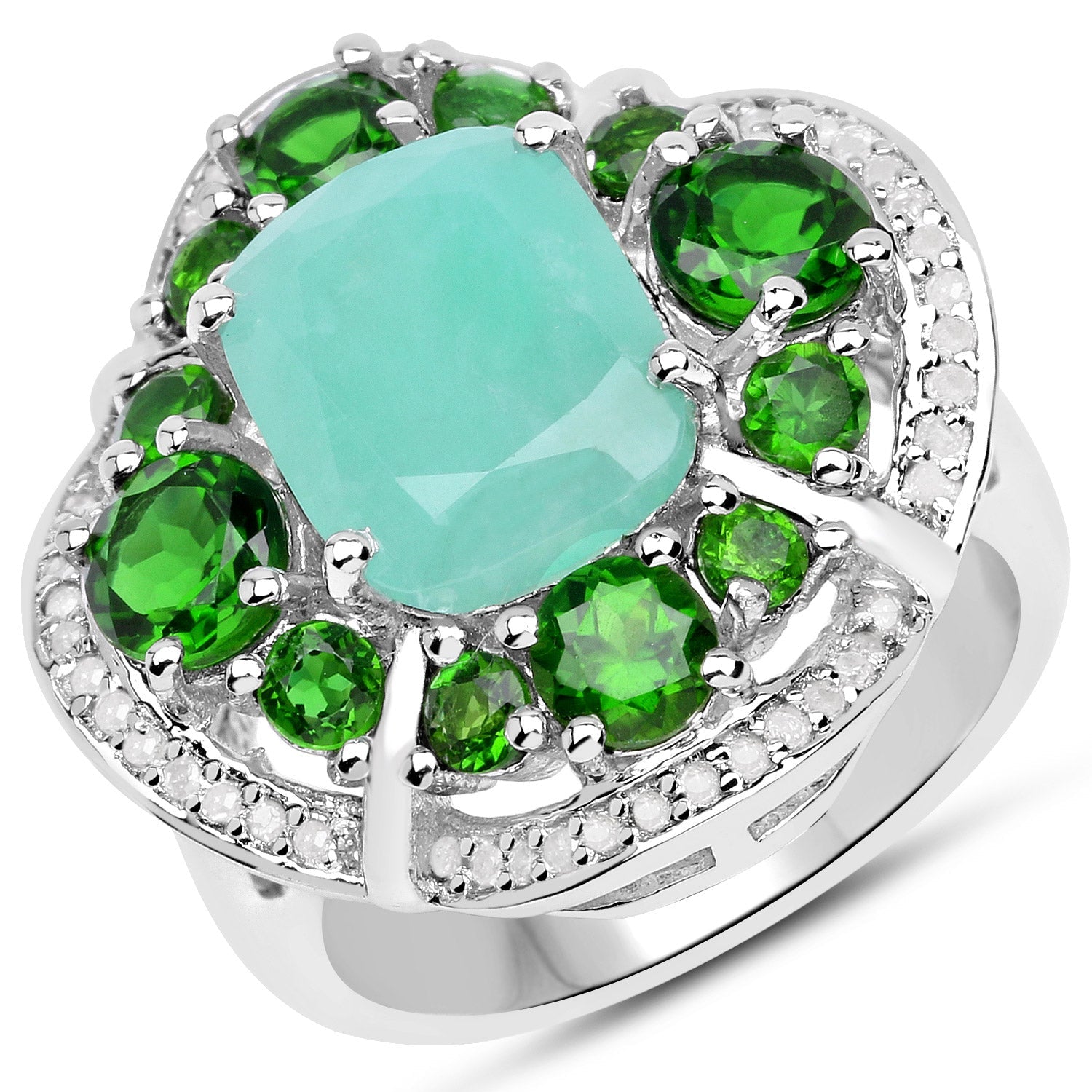 5.49 Carat Genuine Emerald, Chrome Diopside and White Diamond .925 Sterling Silver Ring on sale at MyriadMart
