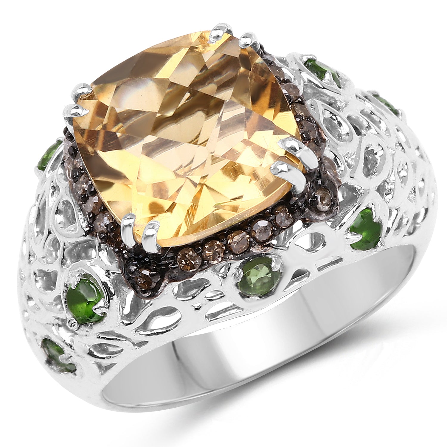 4.13 Carat Genuine Citrine, Chrome Diopside & Champagne Diamond .925 Sterling Silver Ring on sale at MyriadMart