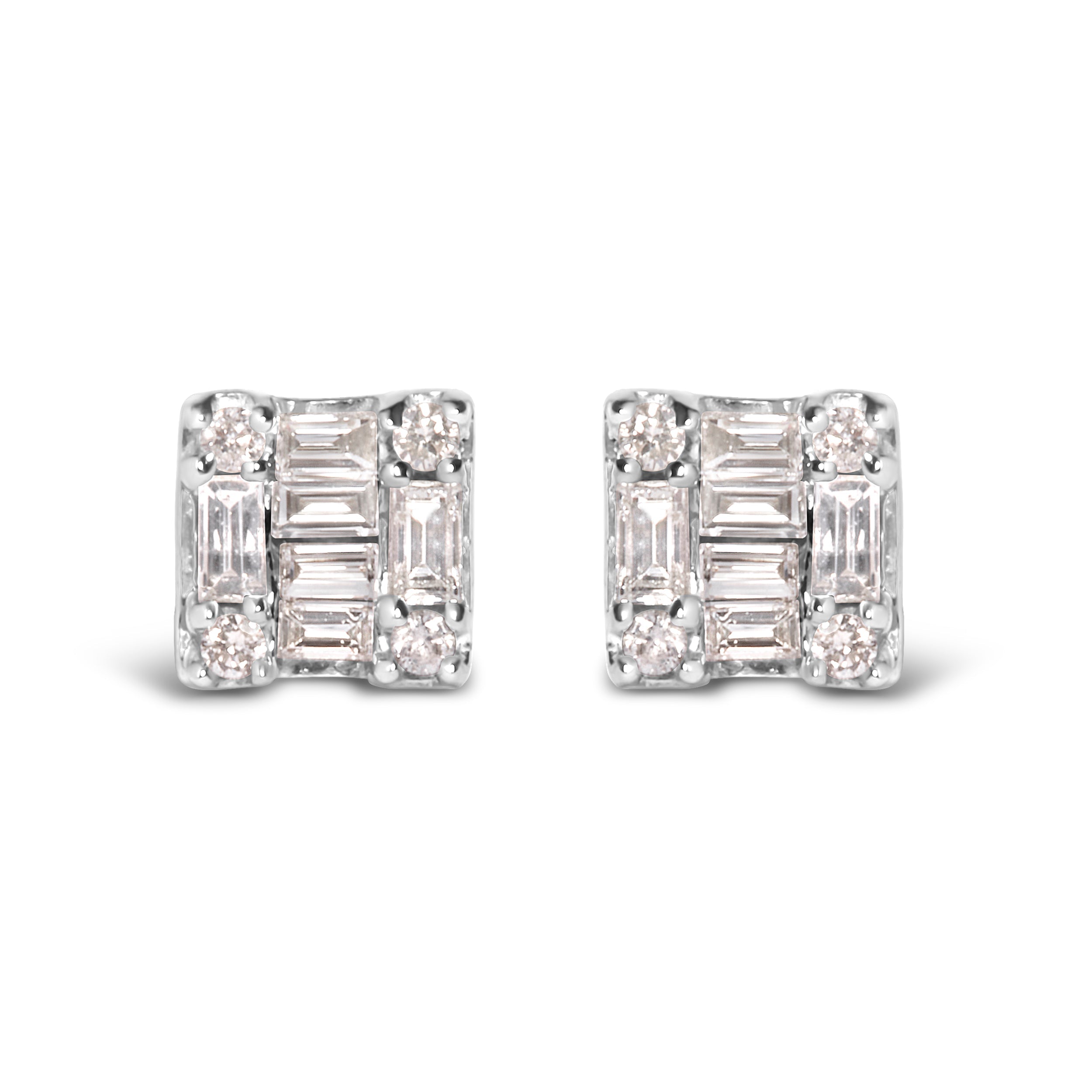 10K White Gold 1/7 Cttw Round and Baguette Diamond Mosaic Square Stud Earrings H-I Color, I1-I2 Clarity on sale at MyriadMart