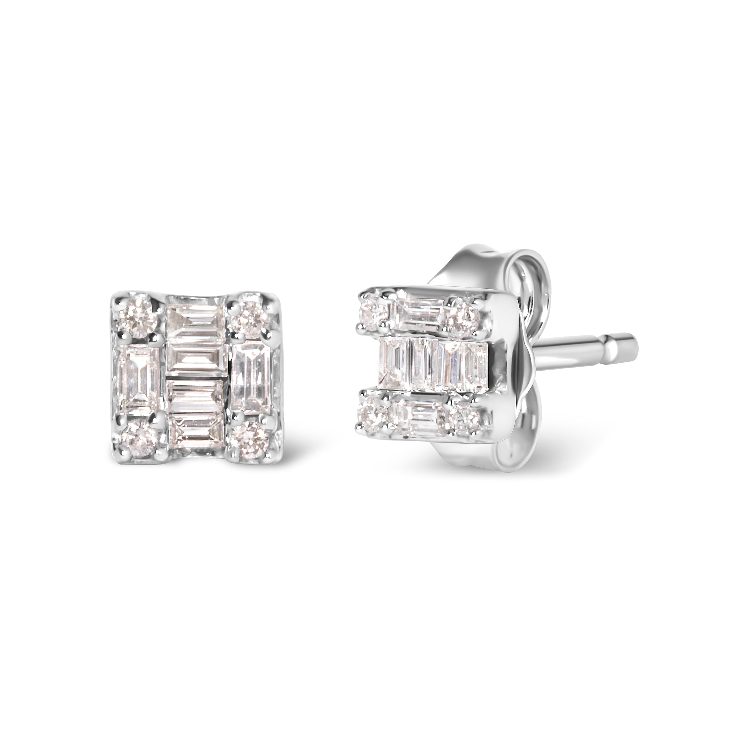 10K White Gold 1/7 Cttw Round and Baguette Diamond Mosaic Square Stud Earrings H-I Color, I1-I2 Clarity on sale at MyriadMart