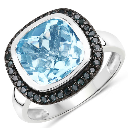 5.23 Carat Genuine Swiss Blue Topaz and Black Diamond .925 Sterling Silver Ring on sale at MyriadMart
