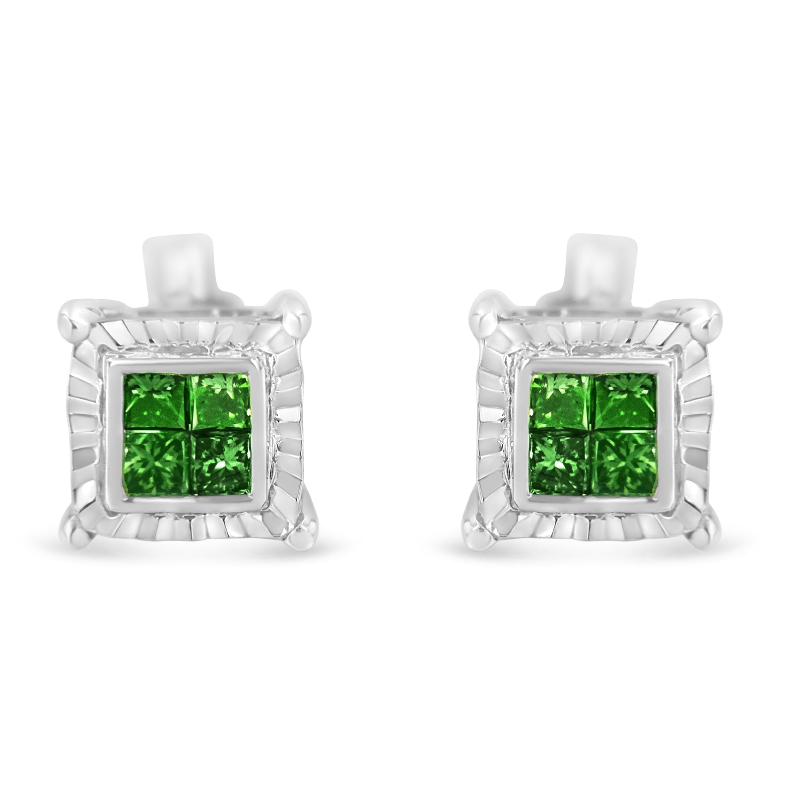 Sterling Silver Color Treated Princess Diamond Quad Stud Earring 1/2 cttw, Green Color, I1-I2 Clarity on sale at MyriadMart
