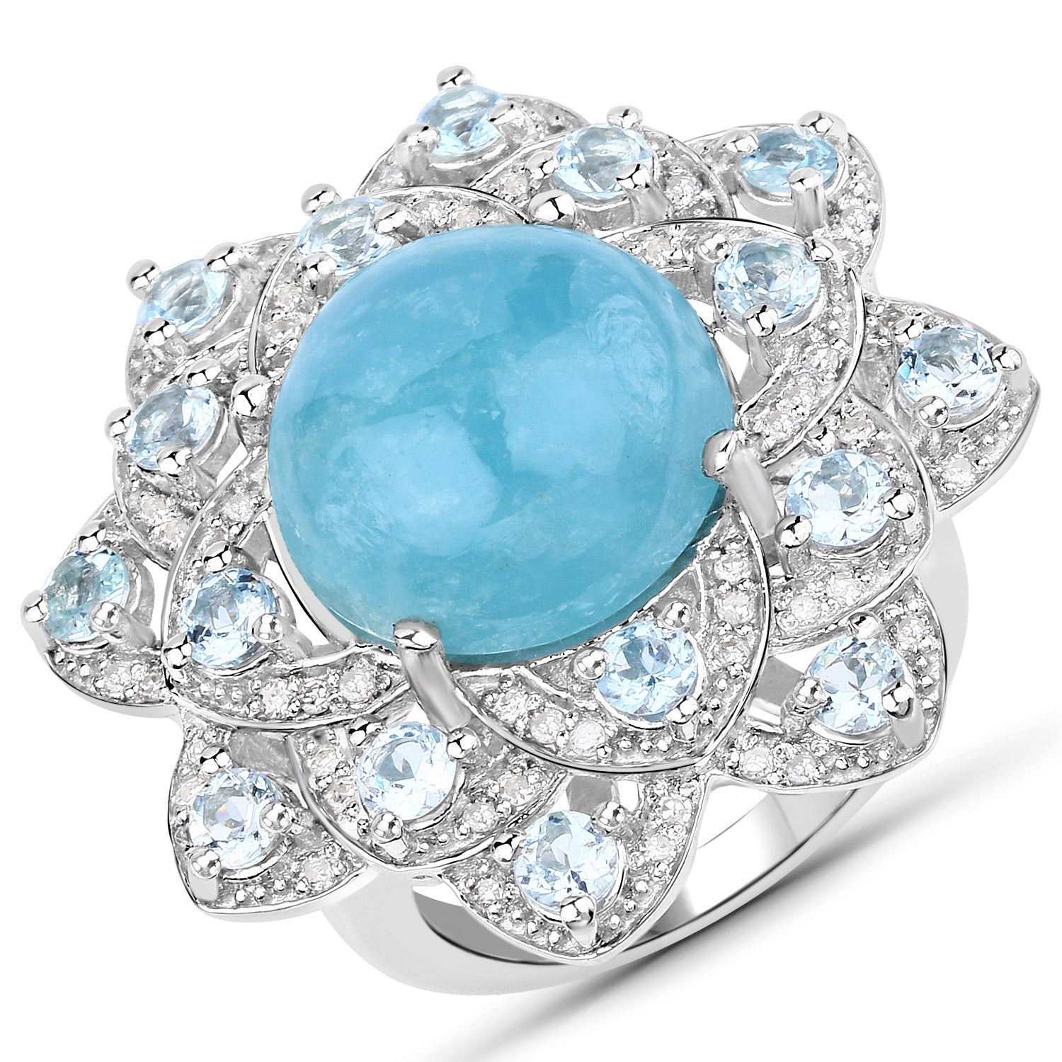 12.72 Carat Genuine Aquamarine and White Diamond .925 Sterling Silver Ring on sale at MyriadMart