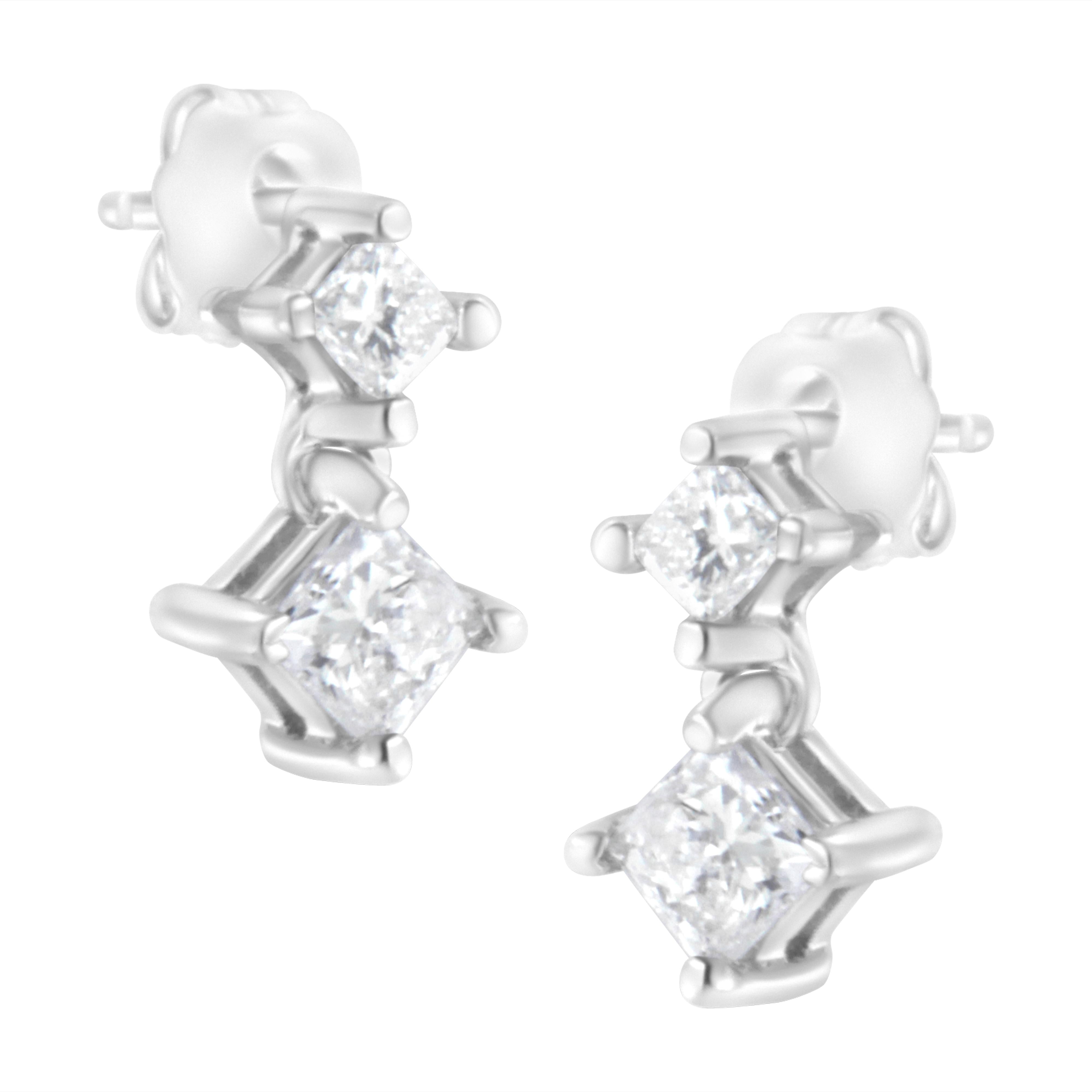 14K White Gold 3/4 cttw Double Diamond Princess-Cut Stud Earrings I-J Clarity, I2-I3 Color on sale at MyriadMart