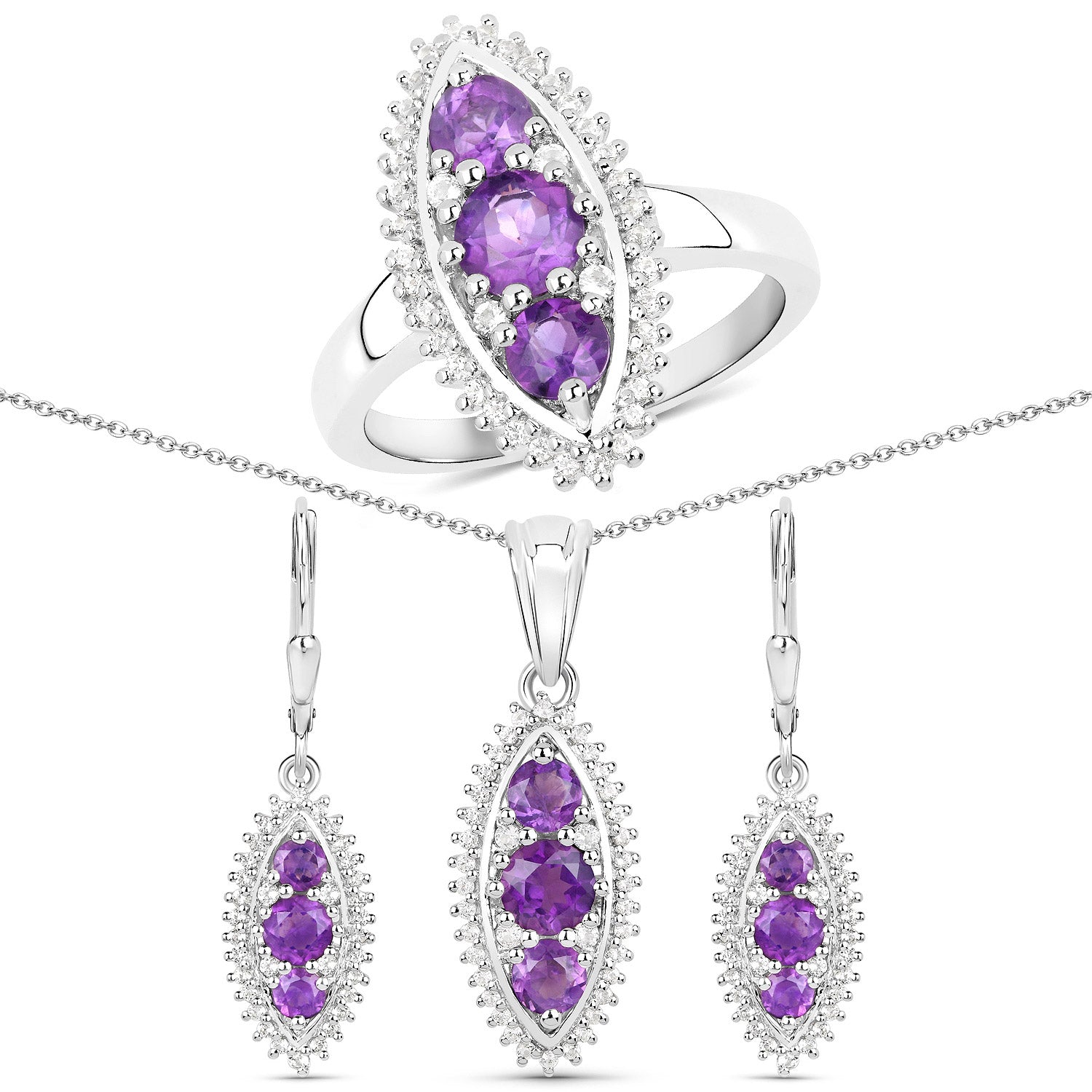 3.60 Carat Genuine Amethyst and White Topaz .925 Sterling Silver 3 Piece Jewelry Set Ring, Earrings, and Pendant w/ Chain on sale at MyriadMart