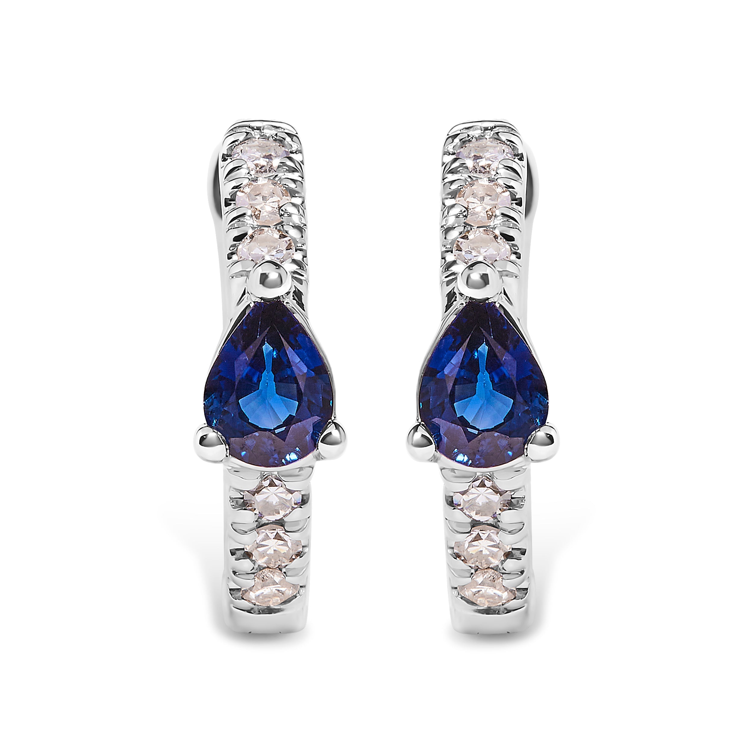 10K White Gold Pear Shaped Blue Sapphire and 1/10 Cttw Diamond Huggy Hoop Earrings H-I Color, I1-I2 Clarity on sale at MyriadMart