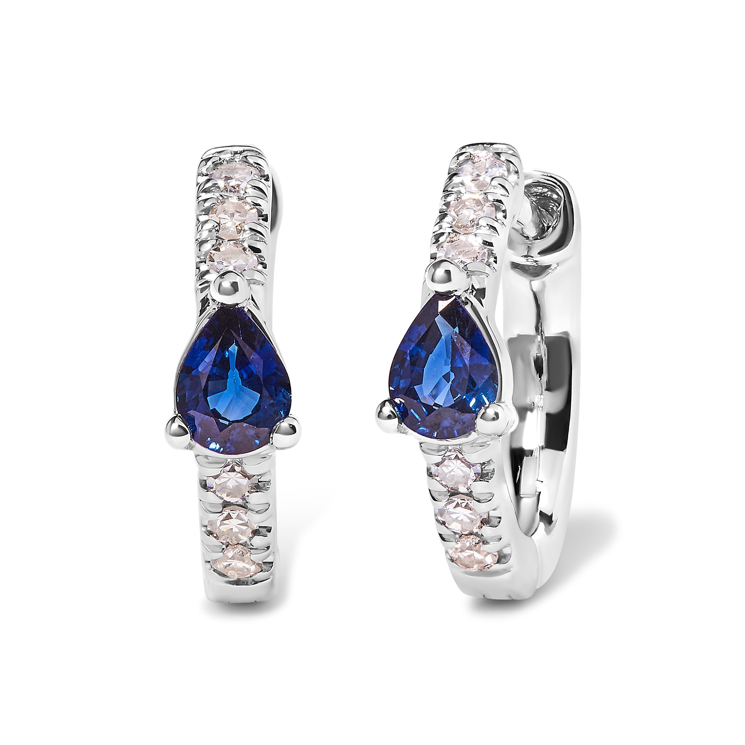 10K White Gold Pear Shaped Blue Sapphire and 1/10 Cttw Diamond Huggy Hoop Earrings H-I Color, I1-I2 Clarity on sale at MyriadMart