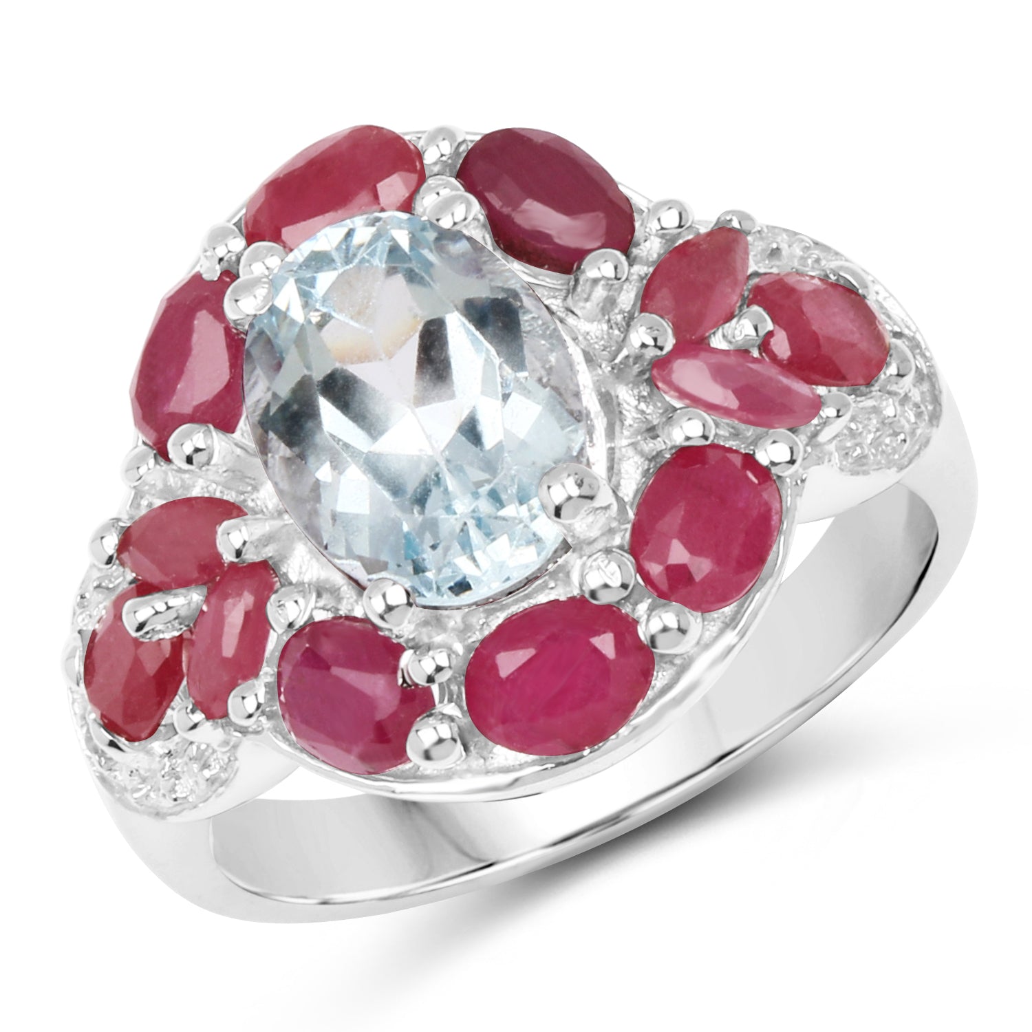3.54 Carat Genuine Aquamarine, Ruby and White Topaz .925 Sterling Silver Ring on sale at MyriadMart