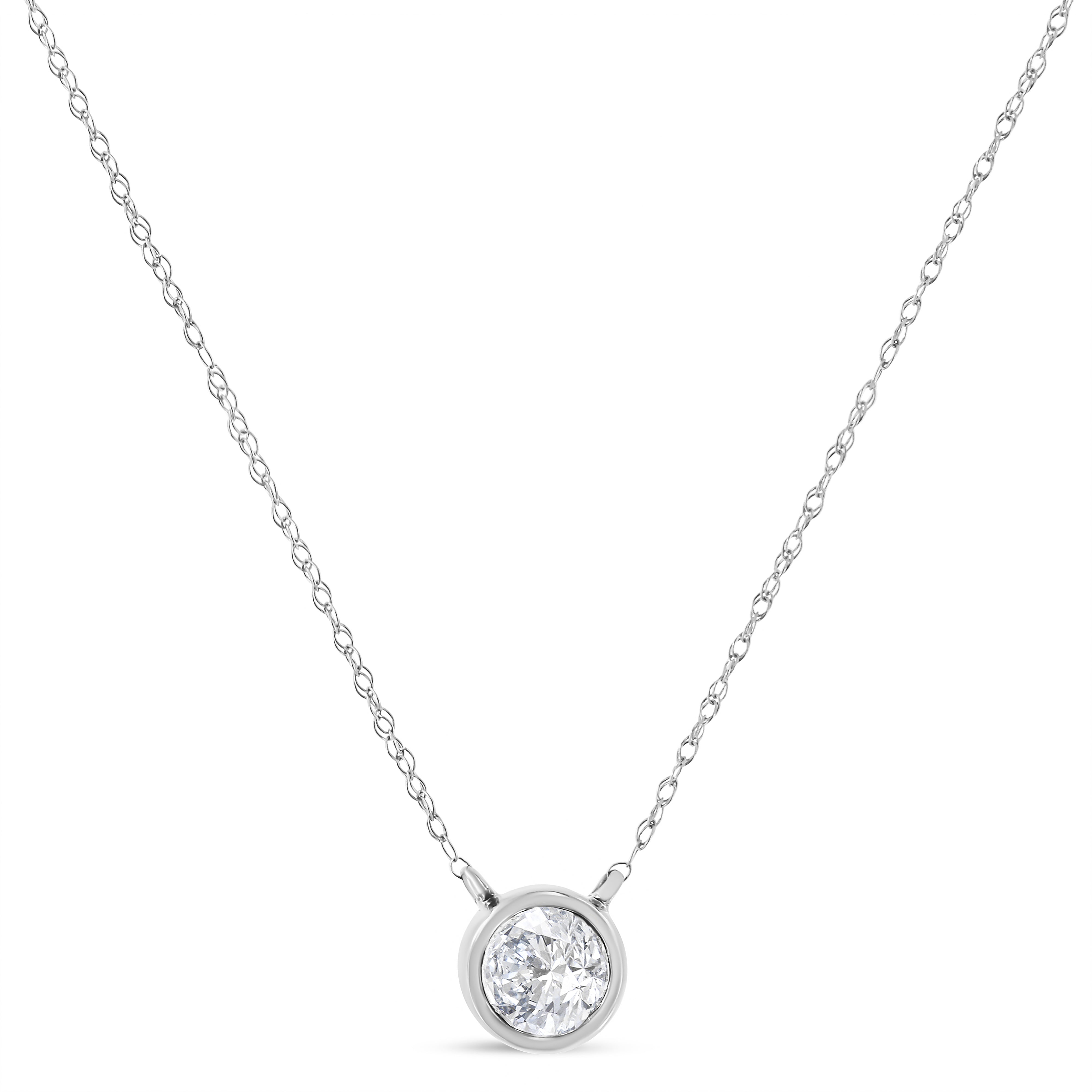 AGS Certified 10K White Gold 1/3 Cttw Bezel Set Round Diamond Solitaire 16-18" Adjustable Pendant Necklace I-J Color, SI1-SI2 Clarity on sale at MyriadMart