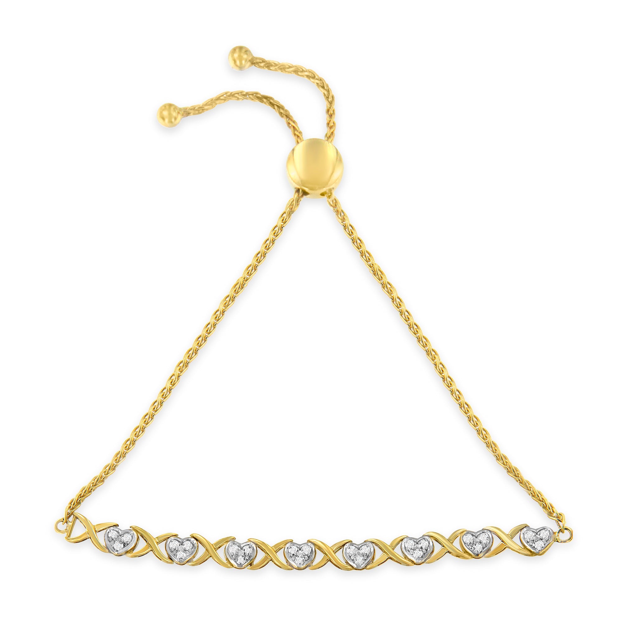 10K Yellow Gold over .925 Sterling Silver 1/10 Cttw Diamond Heart and X-Link 6â€-9†Adjustable Bolo Bracelet H-I Color, I2-I3 Clarity on sale at MyriadMart