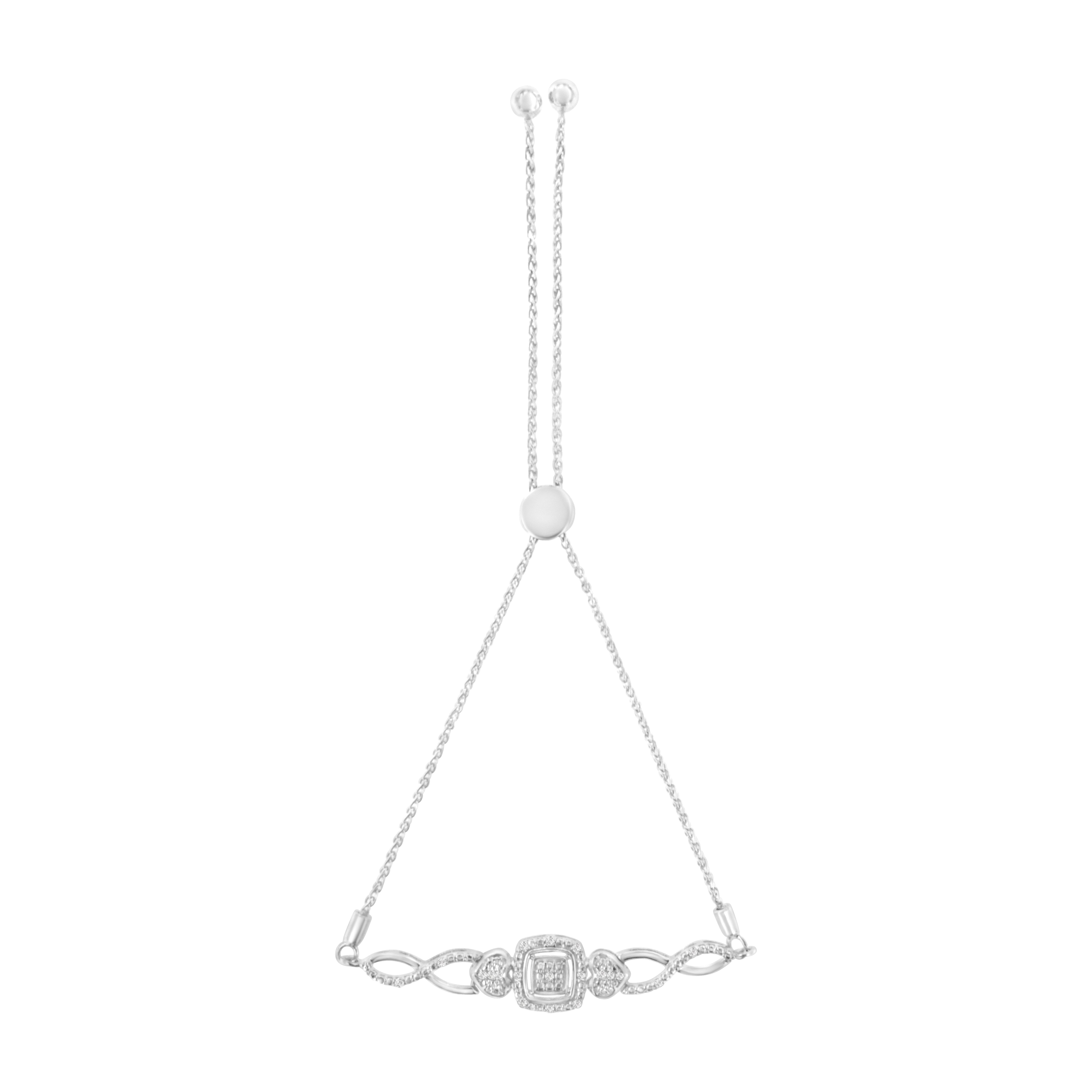 .925 Sterling Silver Diamond Cushion Frame Heart-Sides Twist 4â€-10†Adjustable Bolo Tennis Bolo Bracelet I-J Color, I3 Clarity on sale at MyriadMart