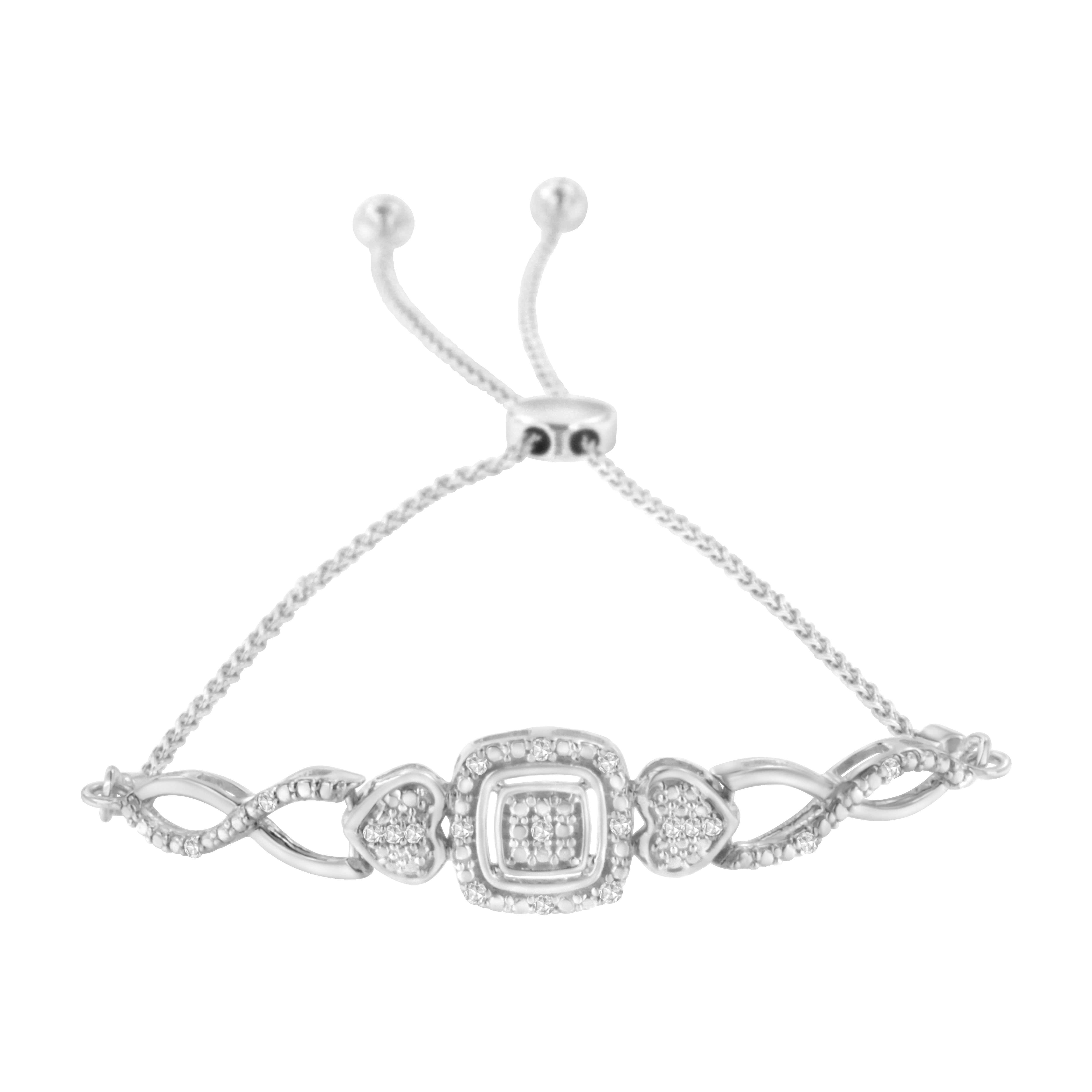 .925 Sterling Silver Diamond Cushion Frame Heart-Sides Twist 4â€-10†Adjustable Bolo Tennis Bolo Bracelet I-J Color, I3 Clarity on sale at MyriadMart