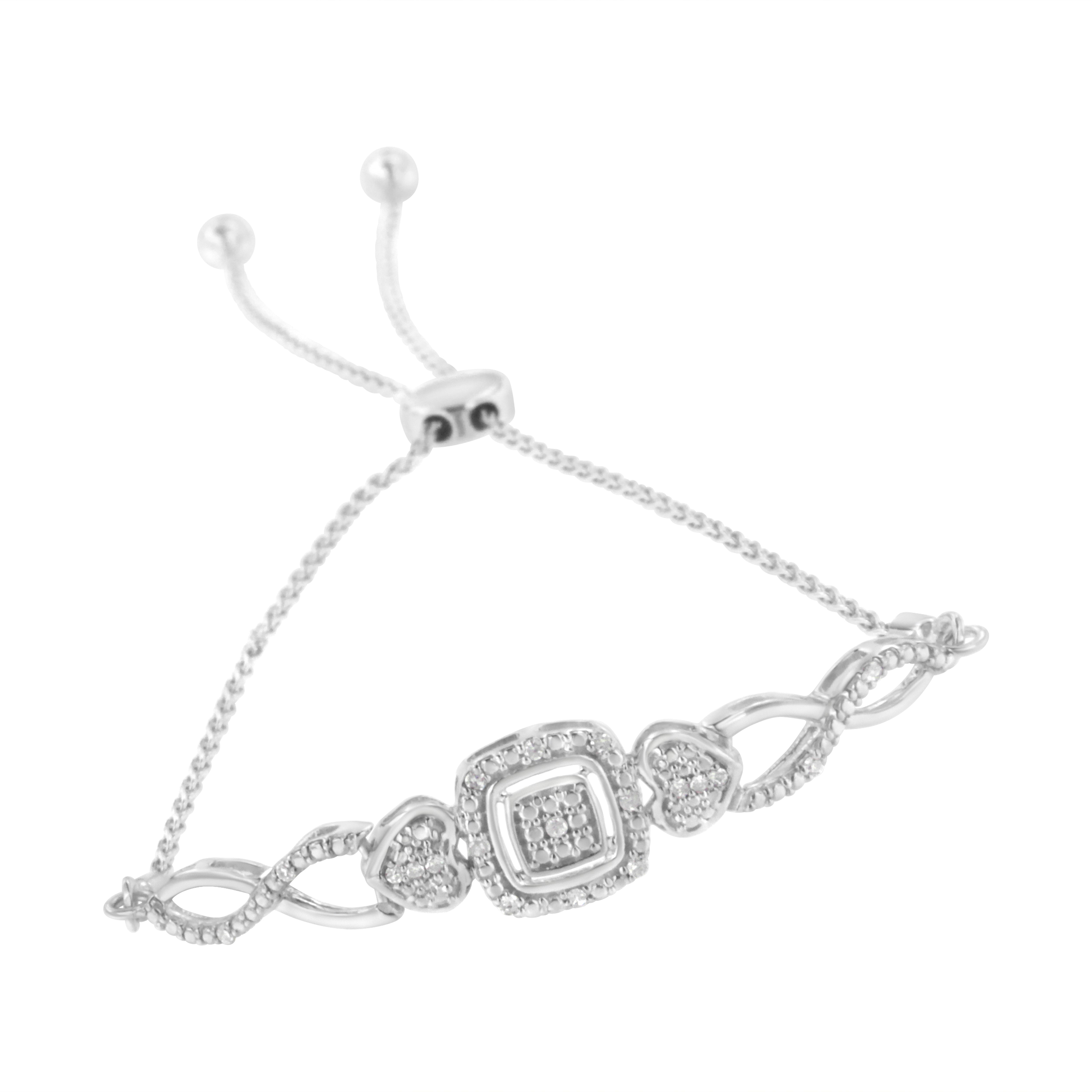 .925 Sterling Silver Diamond Cushion Frame Heart-Sides Twist 4â€-10†Adjustable Bolo Tennis Bolo Bracelet I-J Color, I3 Clarity on sale at MyriadMart