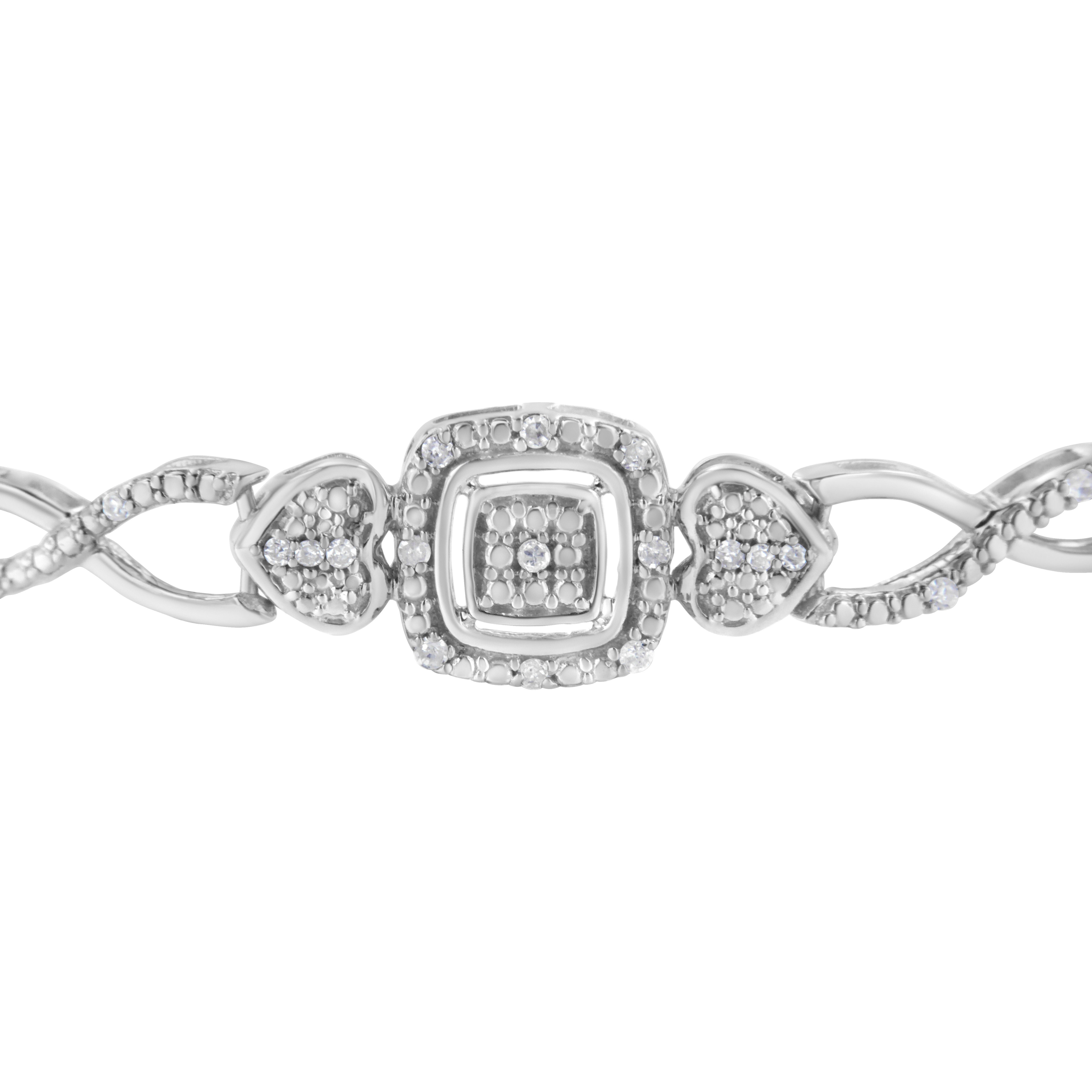 .925 Sterling Silver Diamond Cushion Frame Heart-Sides Twist 4â€-10†Adjustable Bolo Tennis Bolo Bracelet I-J Color, I3 Clarity on sale at MyriadMart
