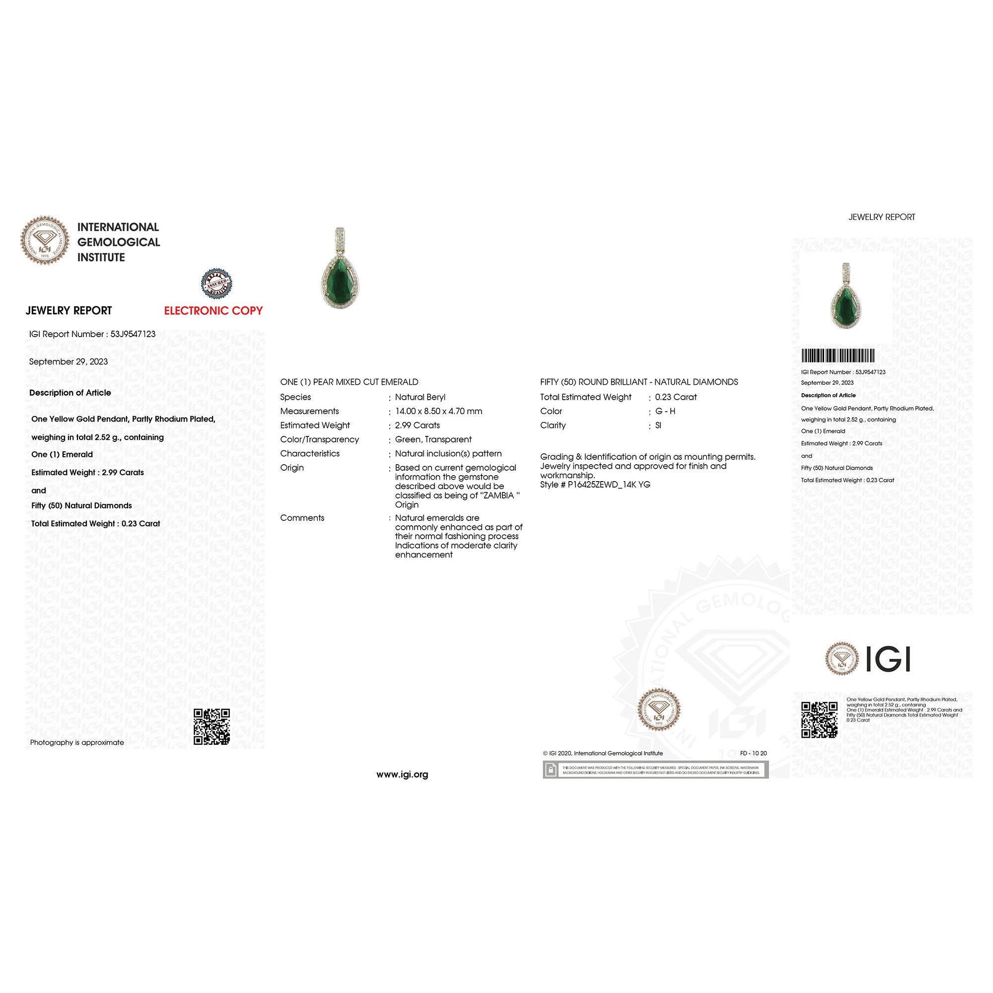 IGI Certified 3.22 Carat Genuine Zambian Emerald and White Diamond 14K Yellow Gold Pendant on sale at MyriadMart