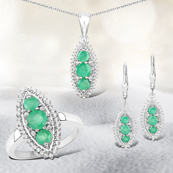 3.52 Carat Genuine Zambian Emerald and White Topaz .925 Sterling Silver 3 Piece Jewelry Set Ring, Earrings, and Pendant w/ Chain on sale at MyriadMart