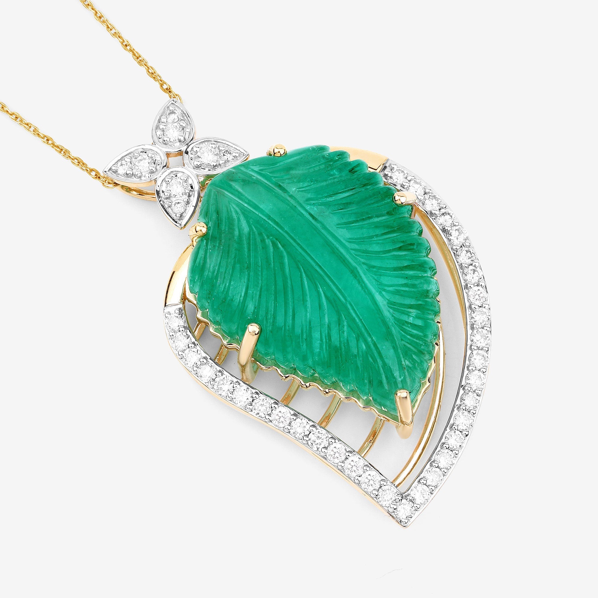 29.67 Carat Genuine Colombian Emerald and White Diamond 14K Yellow Gold Pendant on sale at MyriadMart