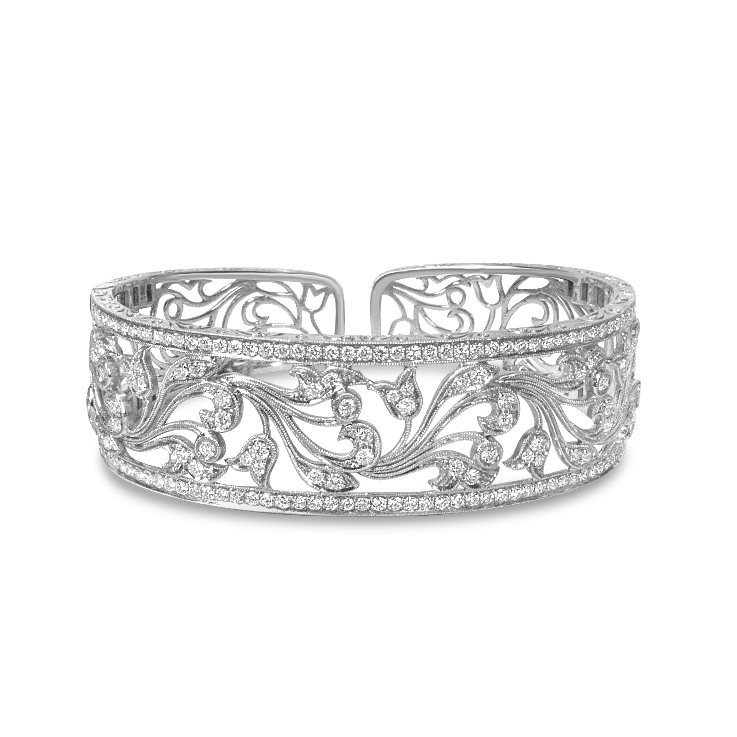 18K White Gold 3 1/4 Cttw Pave Diamond Openwork Floral Filigree Swirl Bangle Cuff Bracelet (H-I Color, VS2-SI1 Clarity)