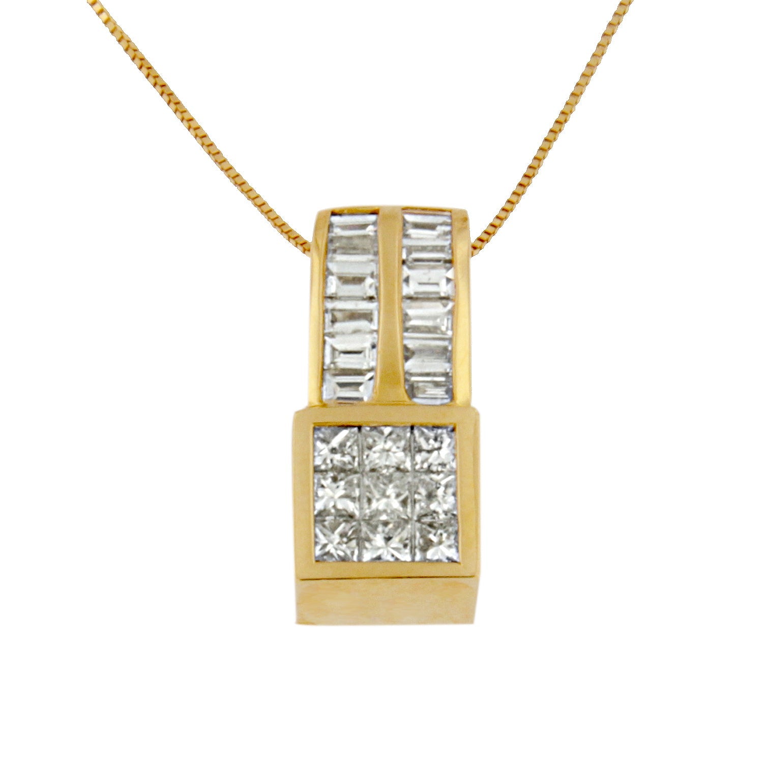 14K Yellow Gold 1 1/4 cttw Princess and Baguette Cut Geometric Inspired Diamond Pendant Necklace H-I, VS1-VS2 on sale at MyriadMart