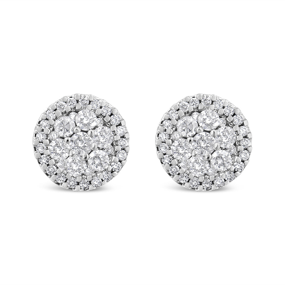 14K White Gold 1.0 Cttw Brilliant-Cut Diamond Halo-Style Cluster Round Button Stud Earrings H-I Color, I1-I2 Clarity on sale at MyriadMart