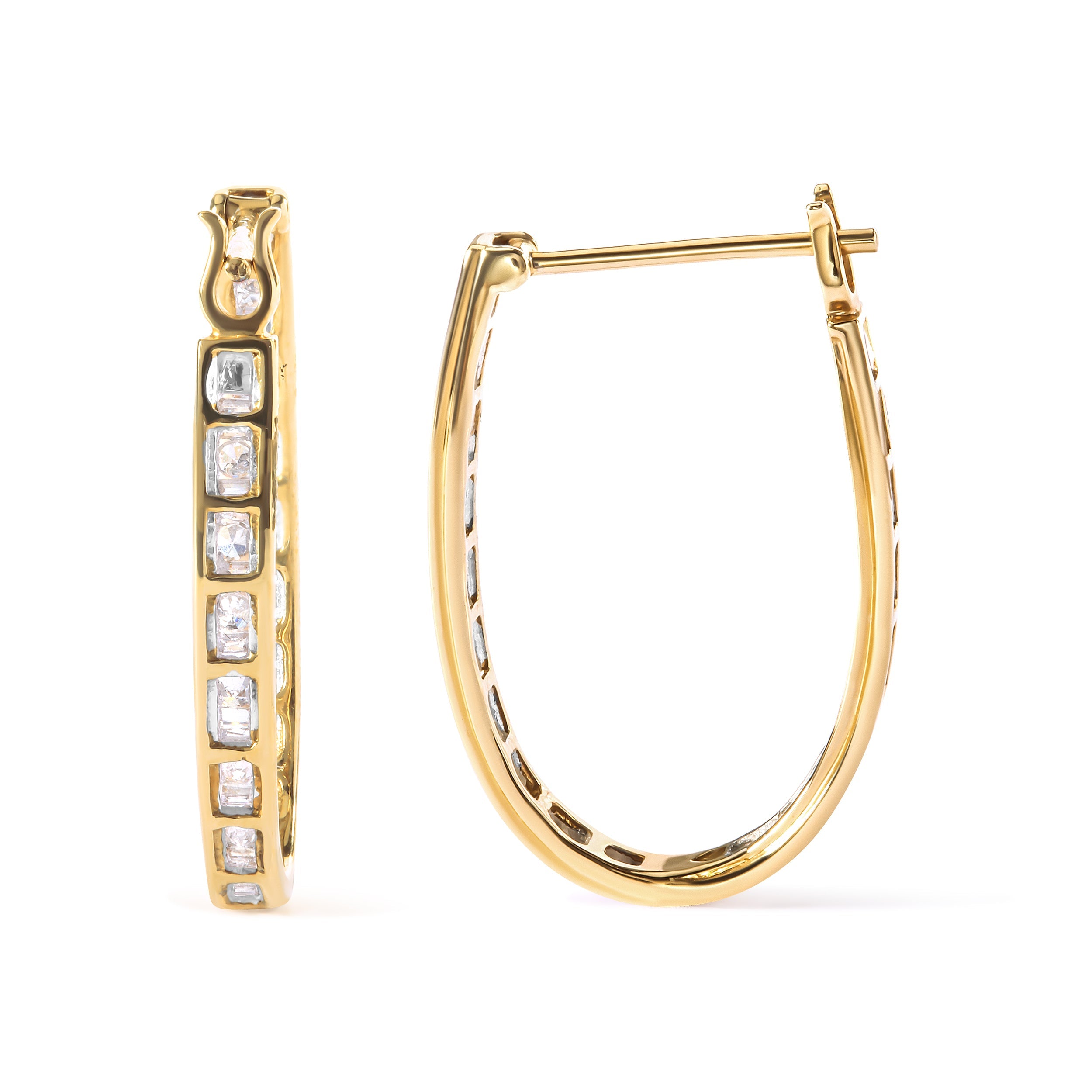 10K Yellow Gold 1.00 Cttw Round and Baguette-Cut Diamond U-Hoop Earrings H-I Color, SI2-I1 Clarity on sale at MyriadMart