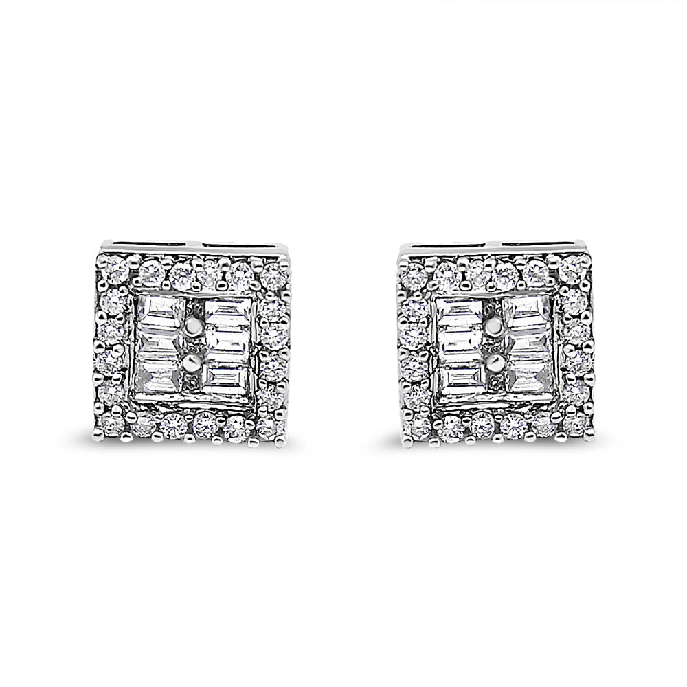 14K White Gold 1 cttw Round and Baguette Diamond Stud Earrings H-I, SI1-SI2 on sale at MyriadMart