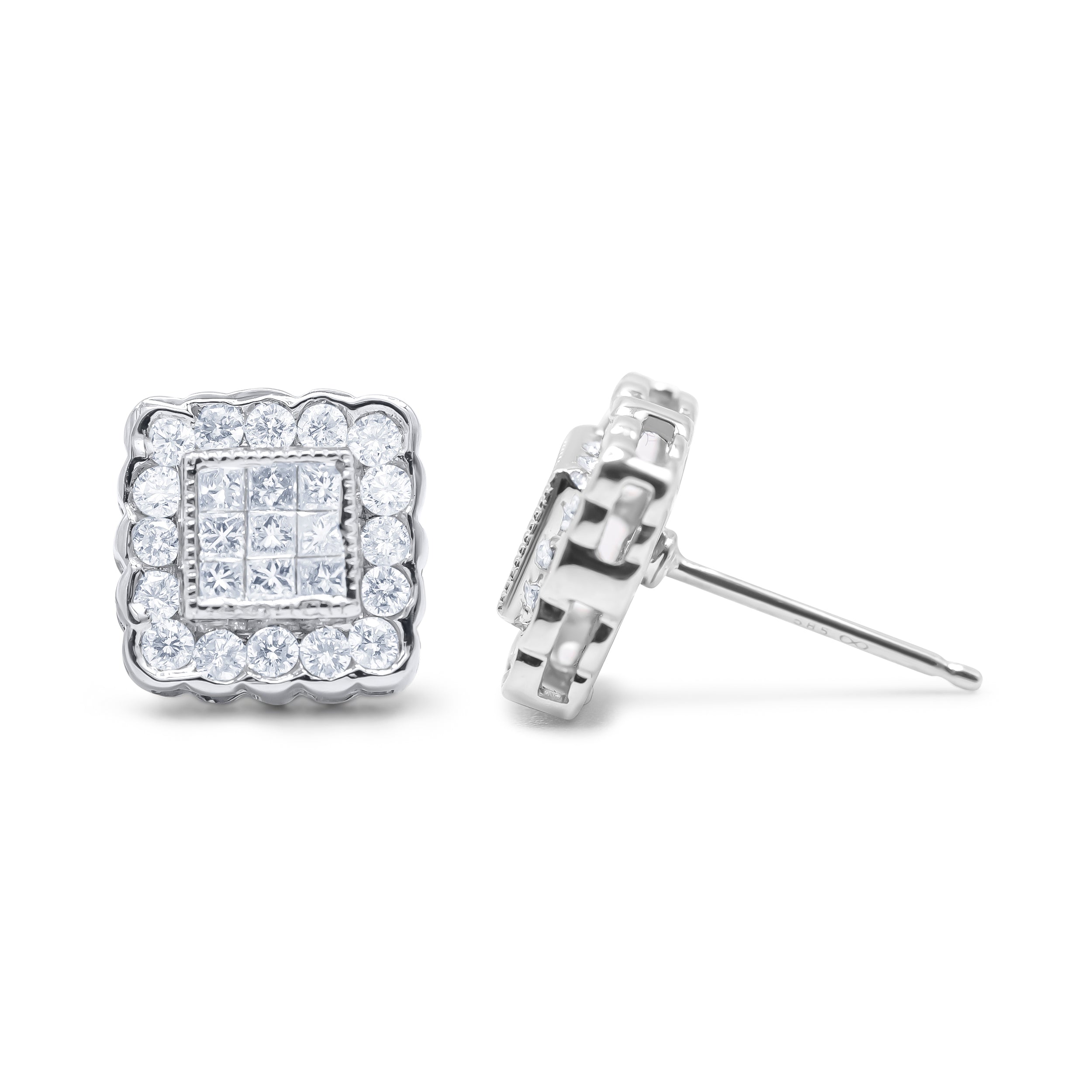 14K White Gold 1.0 Cttw Round Brilliant & Princess Cut Diamond Scallop-Edge Framed Square Halo Stud Earrings G-H Color, SI1-SI2 Clarity on sale at MyriadMart