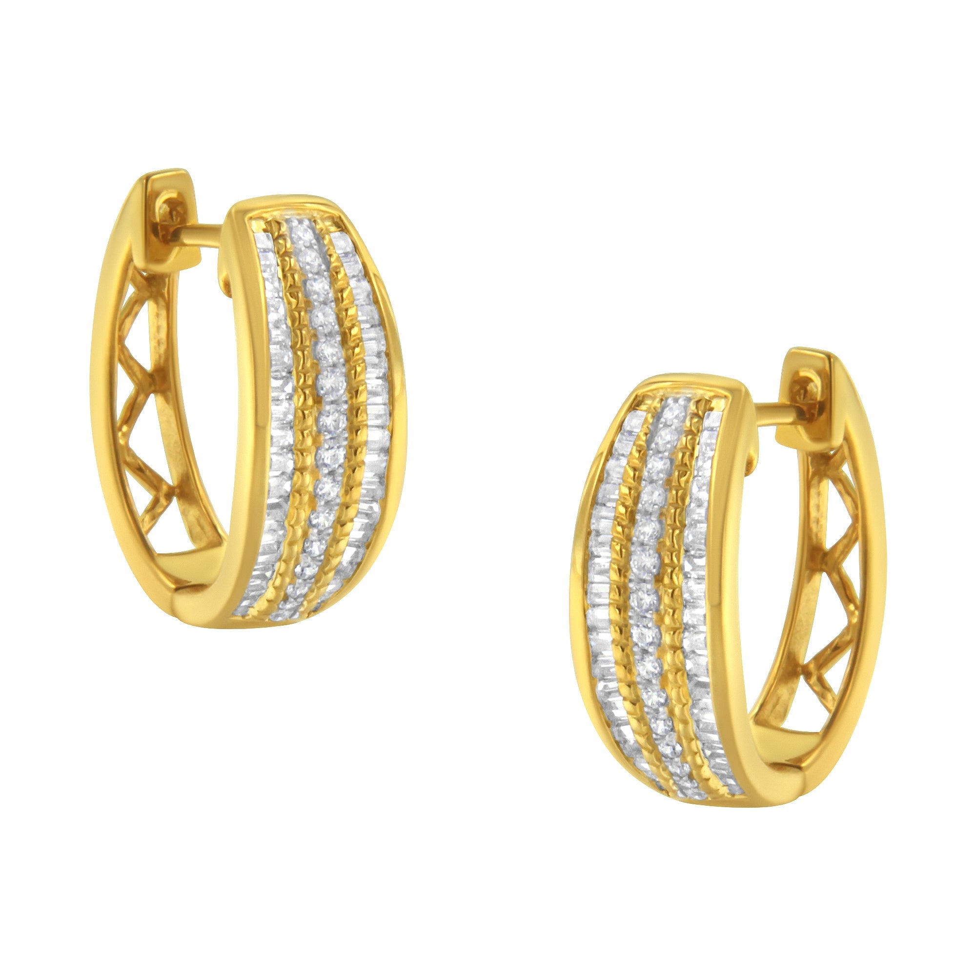 10K Yellow Gold 3/4 Cttw Pave and Channel Set Diamond Triple Row Modern Hoop Earrings I-J Color, I2-I3 Clarity on sale at MyriadMart
