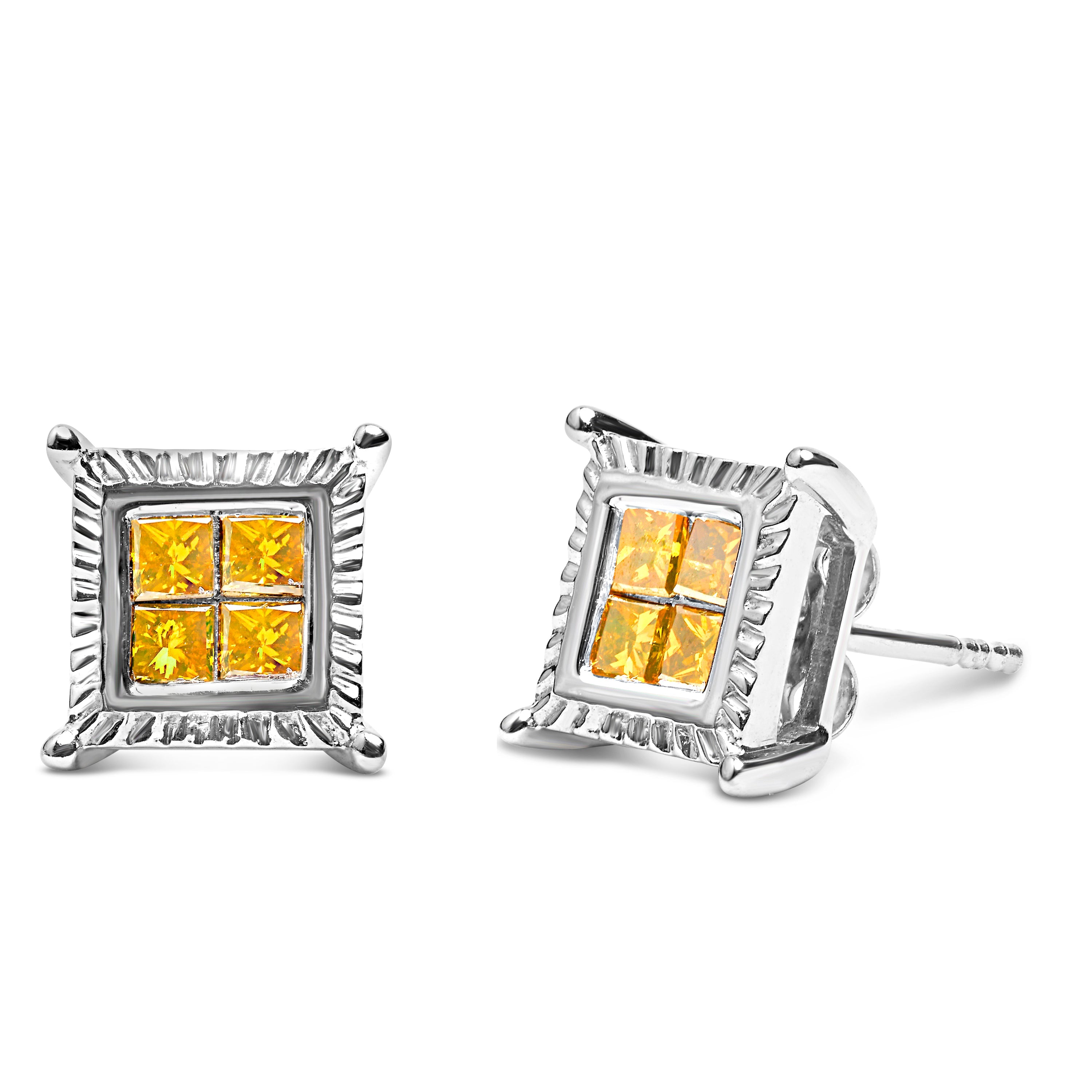 .925 Sterling Silver 1/2 Cttw Yellow Princess Diamond Quad Stud Earring on sale at MyriadMart