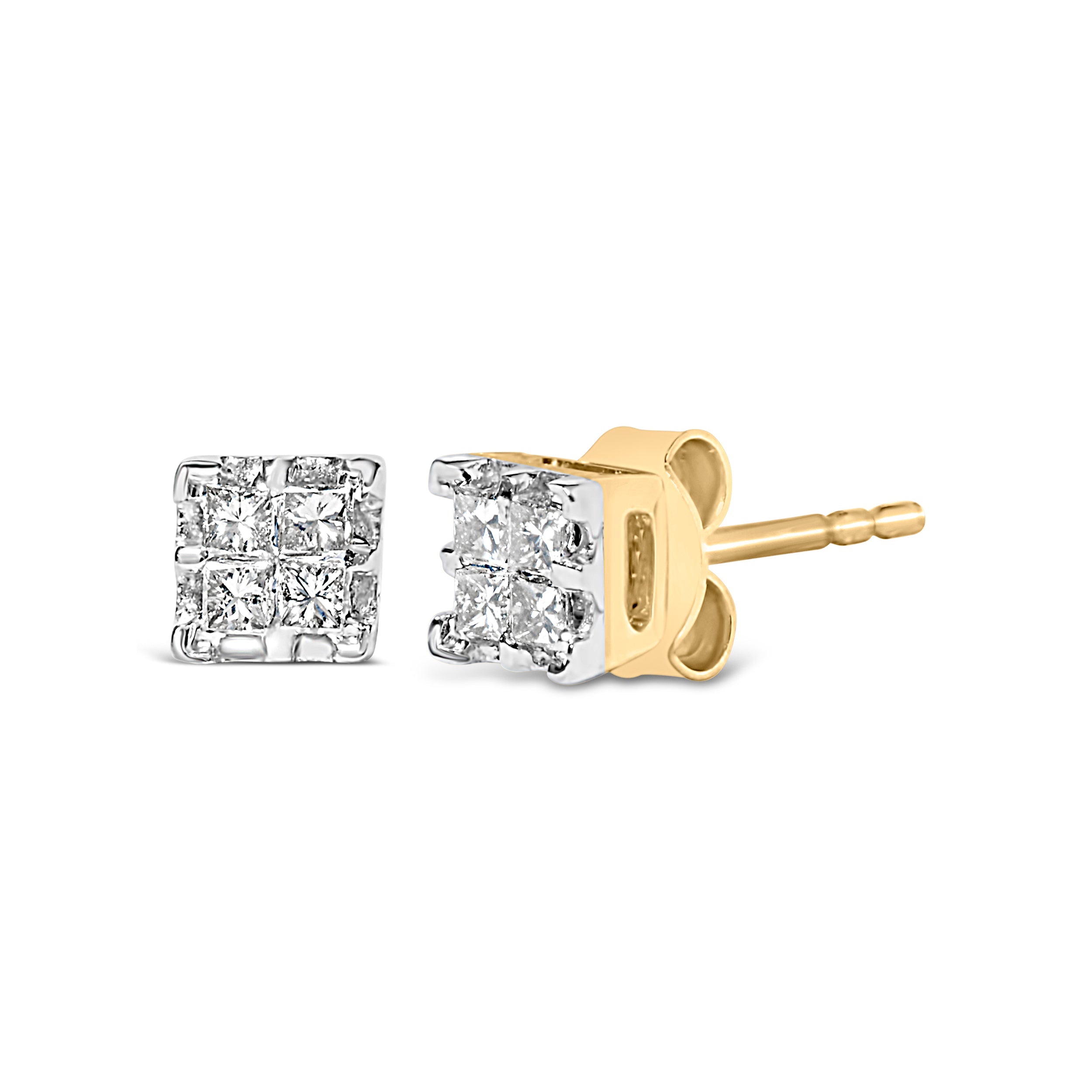10k Yellow Gold Princess Diamond Quad Stud Earrings 1/4 cttw, J-K Color, I2-I3 Clarity on sale at MyriadMart
