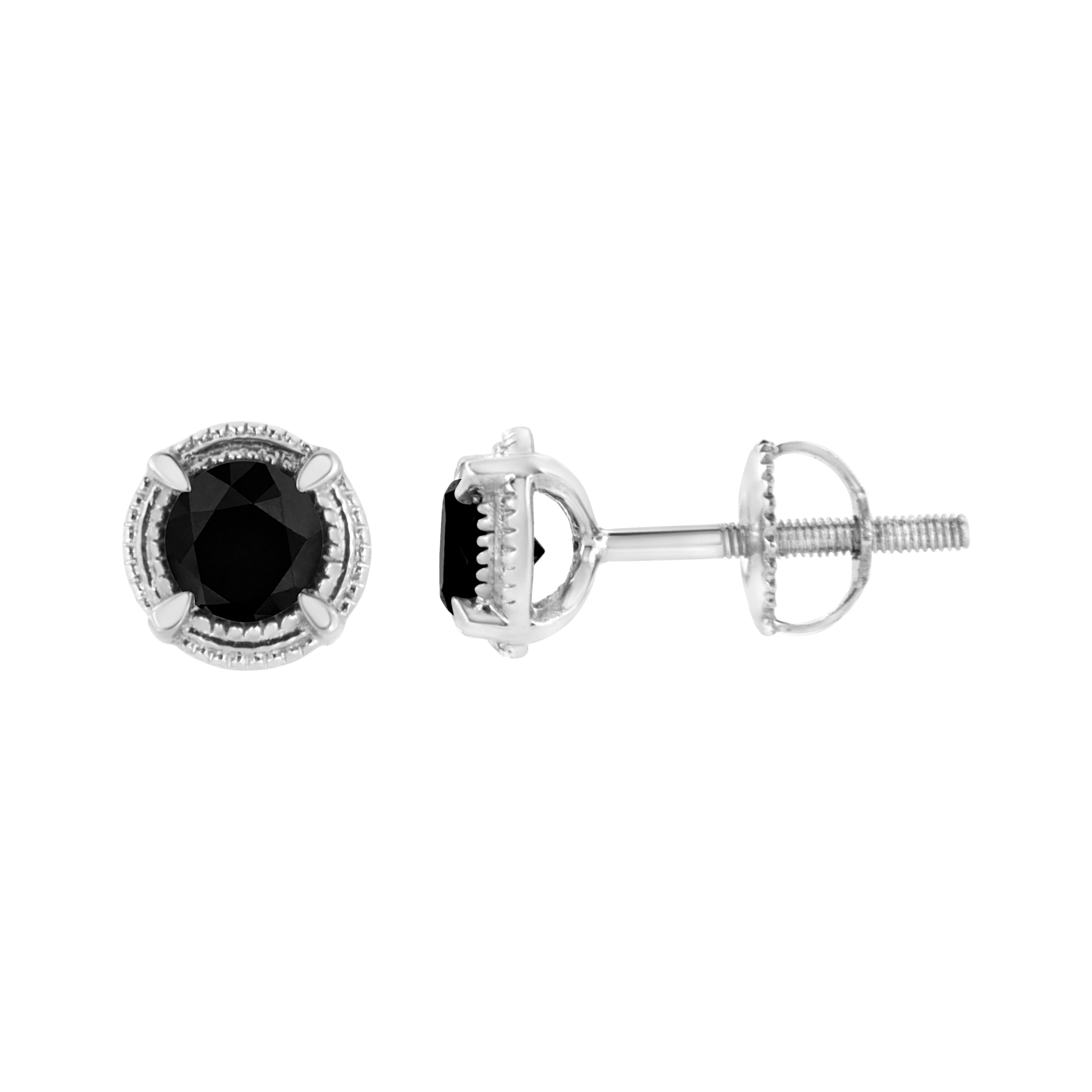 .925 Sterling Silver 1 cttw Treated Black Diamond Modern 4-Prong Solitaire Milgrain Stud Earrings Black Color, I1-I2 Clarity on sale at MyriadMart