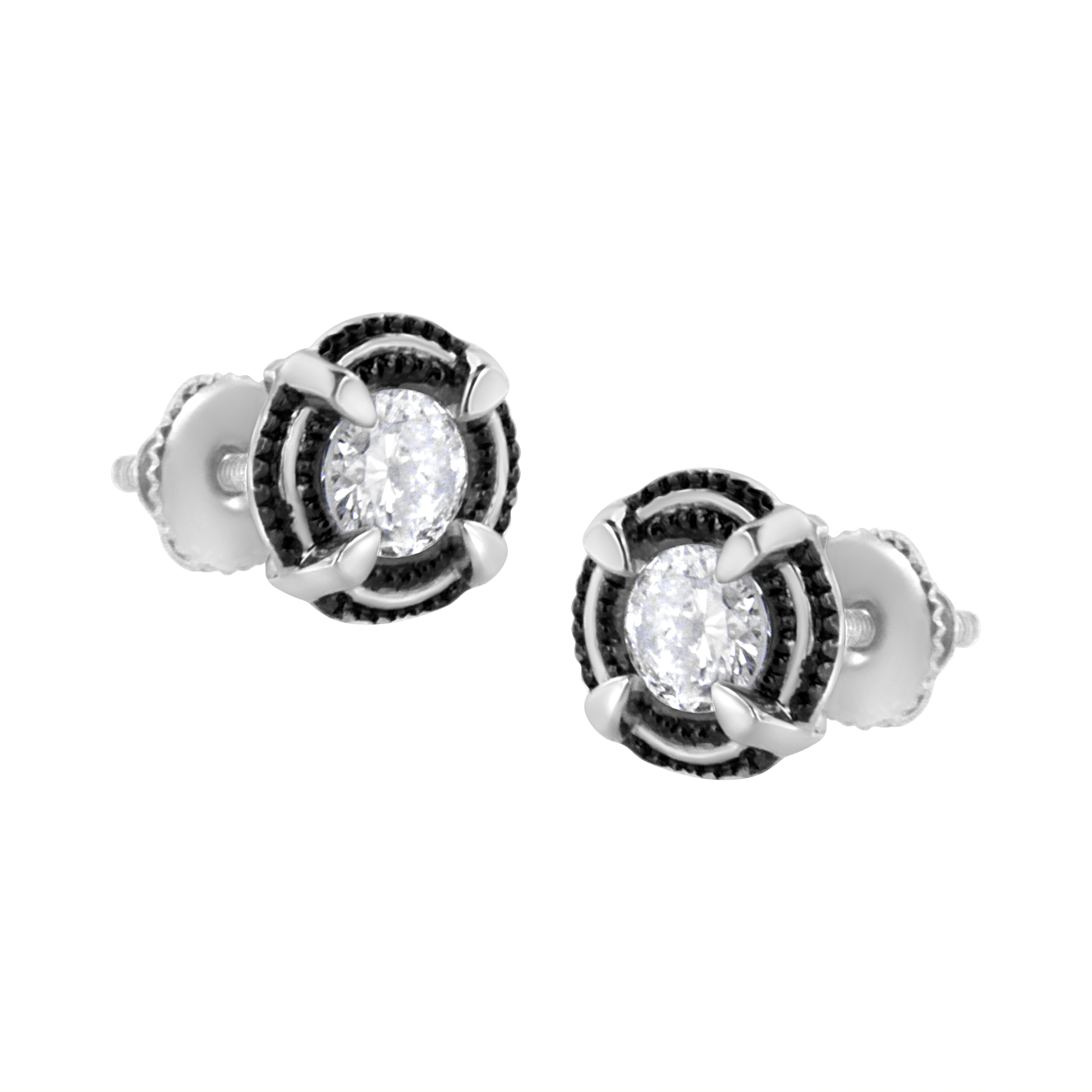 Black Rhodium Plated .925 Sterling Silver Round 1-1/2 cttw Diamond Double Halo 4-Prong Solitaire Milgrain Stud Earrings H-I Color, I2-I3 Clarity on sale at MyriadMart