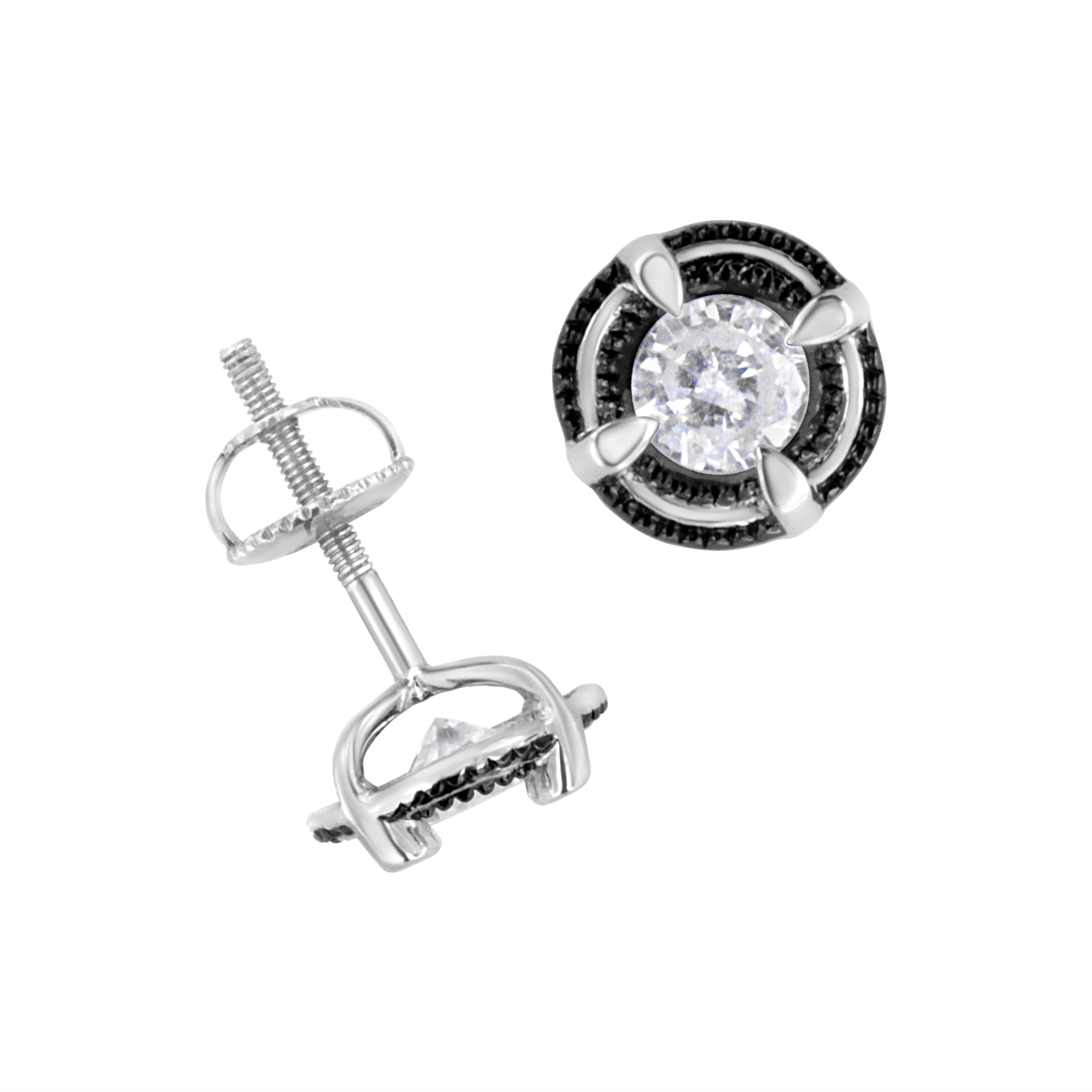 Black Rhodium Plated .925 Sterling Silver Round 1-1/2 cttw Diamond Double Halo 4-Prong Solitaire Milgrain Stud Earrings H-I Color, I2-I3 Clarity on sale at MyriadMart