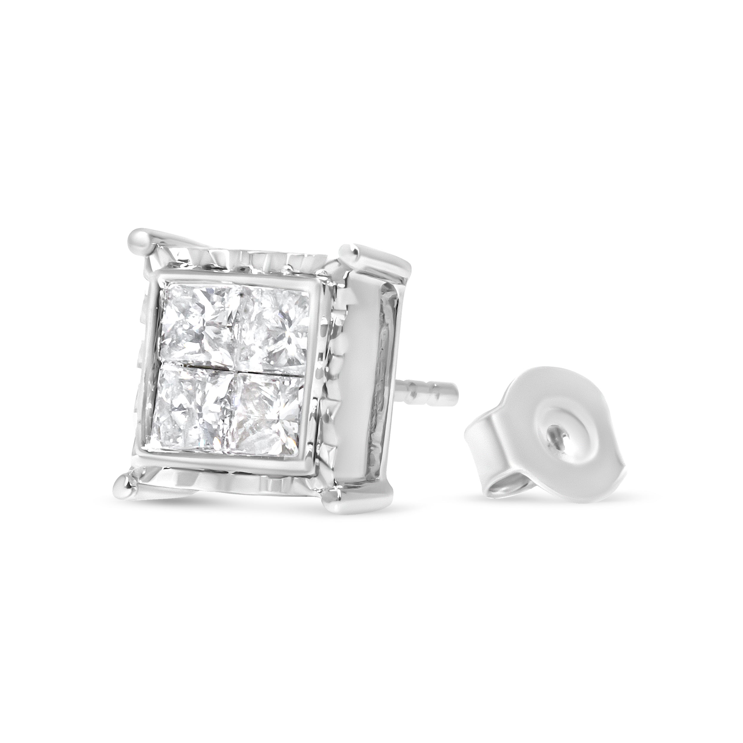 14K White Gold 1 1/2 Cttw Invisible Set Princess-Cut Diamond Contemporary Wavy Quad Stud Earrings I-J Color, I1-I2 Clarity on sale at MyriadMart