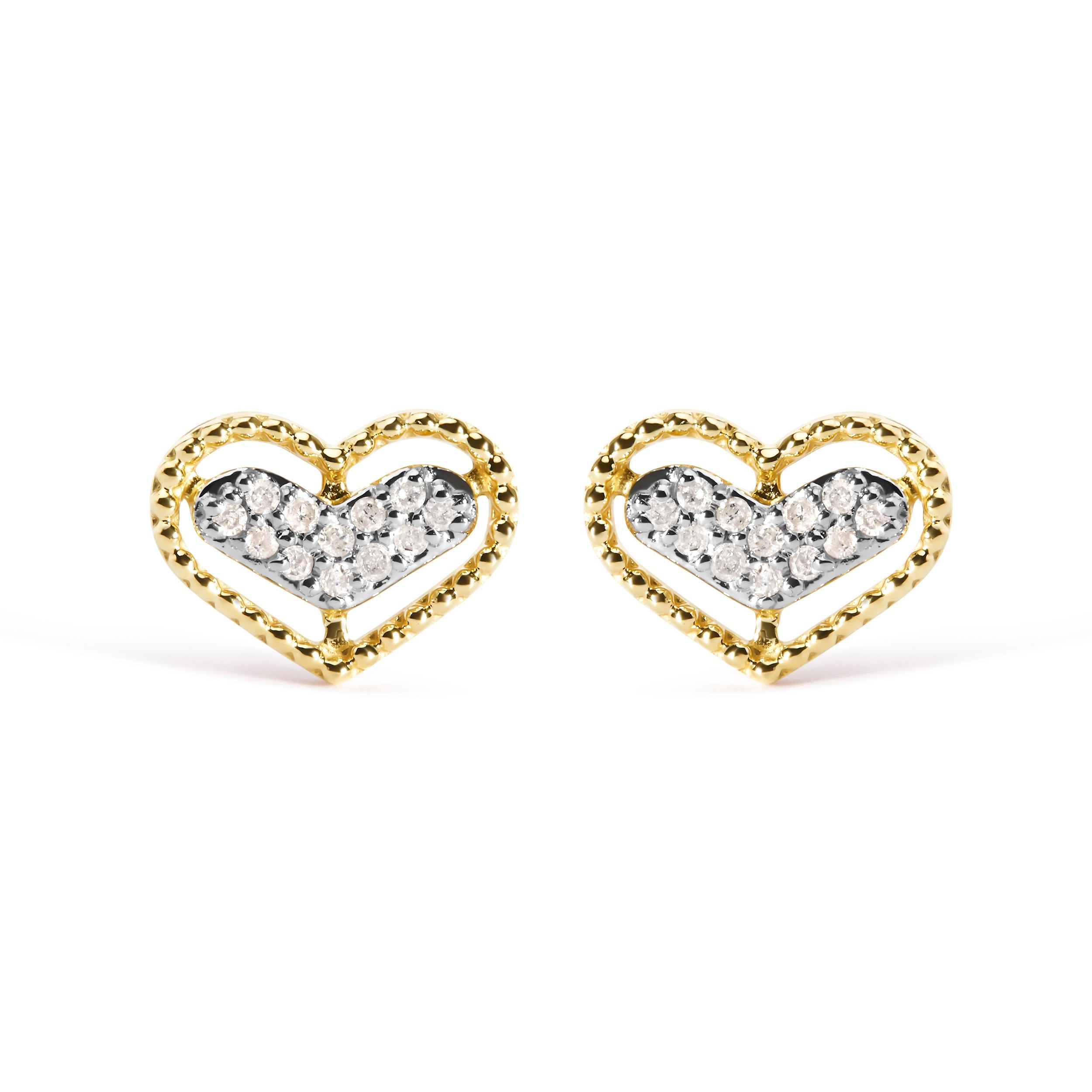 10K Yellow Gold 1/10 Cttw Diamond Heart and Beaded Halo Stud Earrings I-J Color, I1-I2 Clarity on sale at MyriadMart