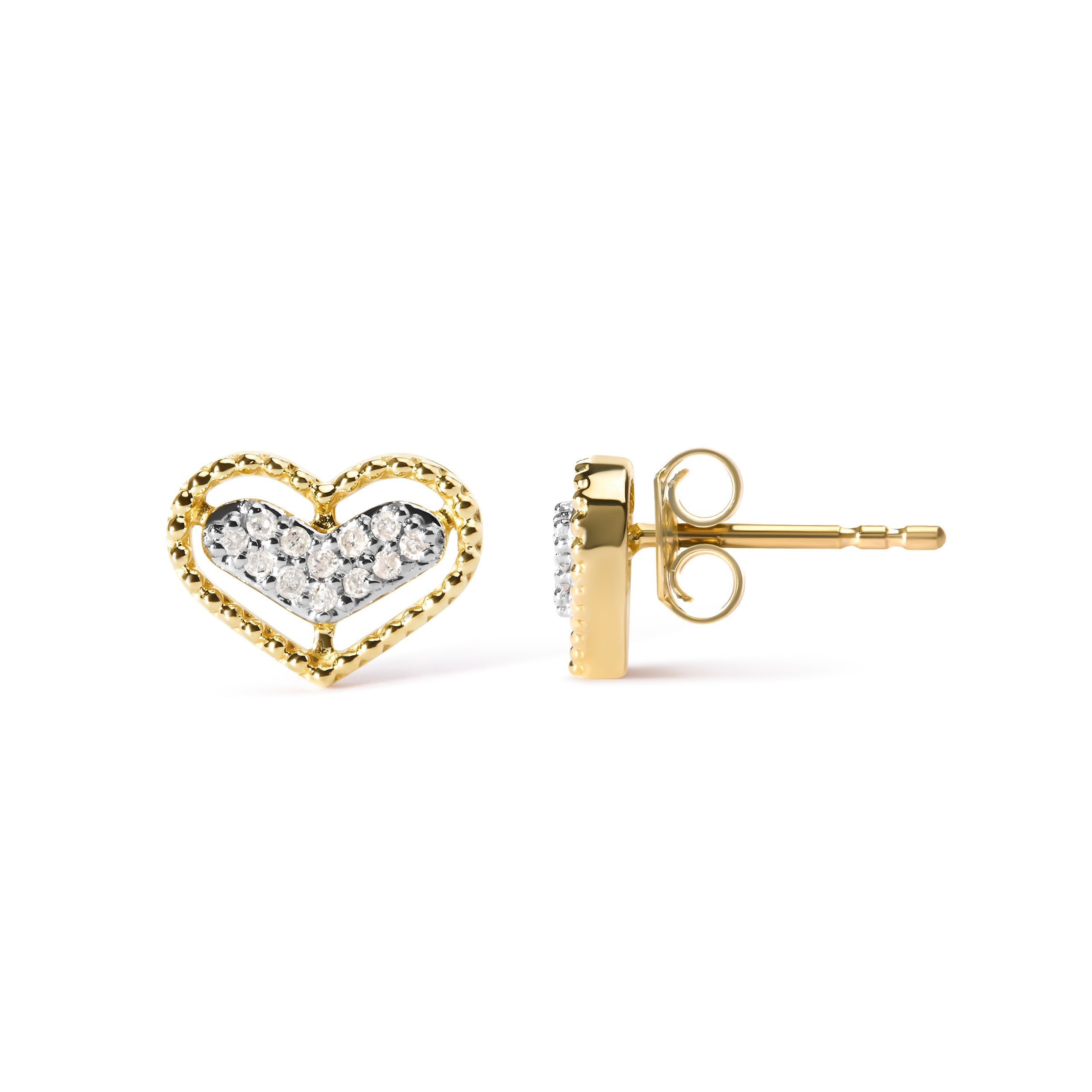 10K Yellow Gold 1/10 Cttw Diamond Heart and Beaded Halo Stud Earrings I-J Color, I1-I2 Clarity on sale at MyriadMart