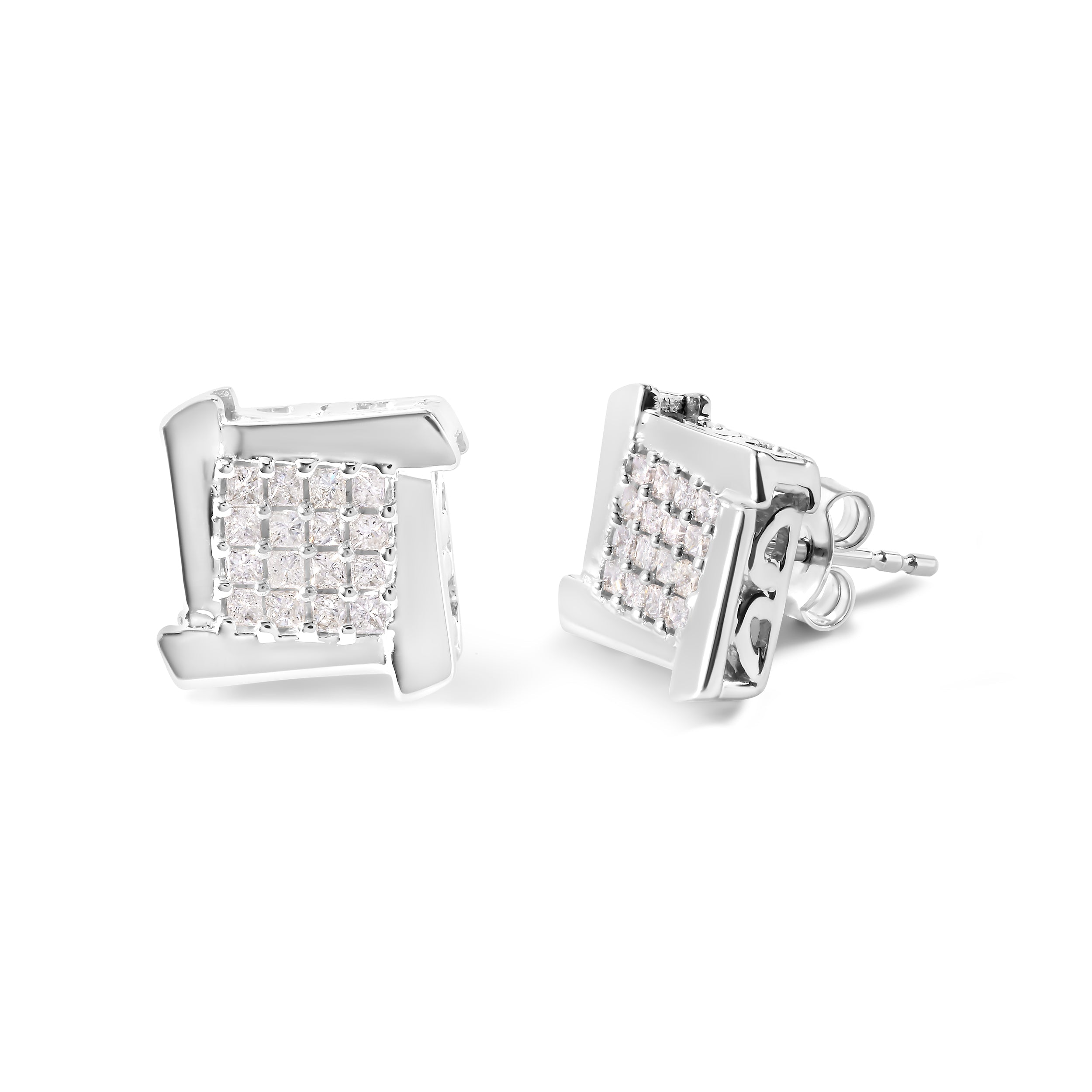 10K White Gold 1/2 Cttw Composite Princess Diamond Square and Swirl Stud Earrings I-J Color, I1-I2 Clarity on sale at MyriadMart