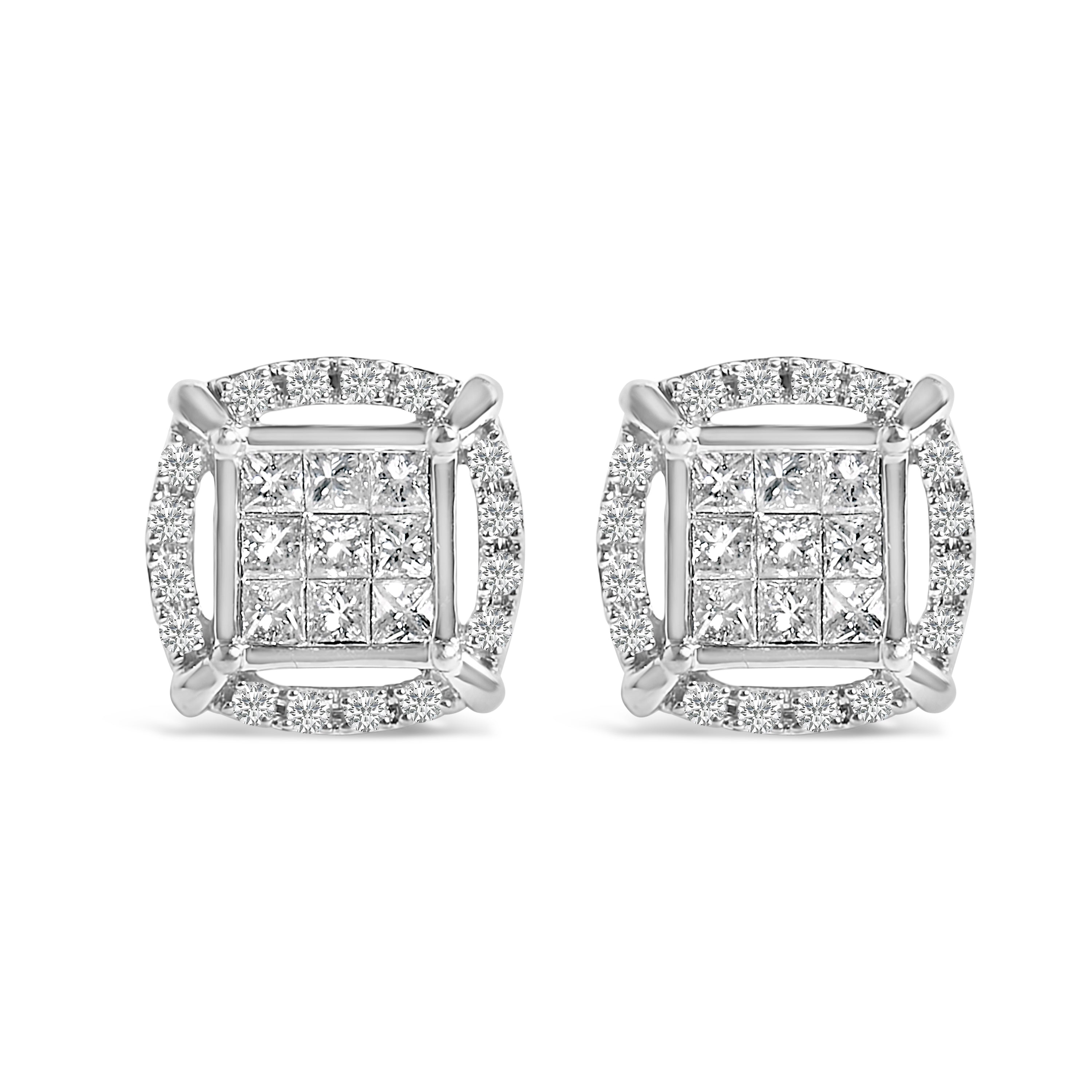Sterling Silver 1 Cttw Princess Cut Diamond Square Halo Stud Earrings on sale at MyriadMart