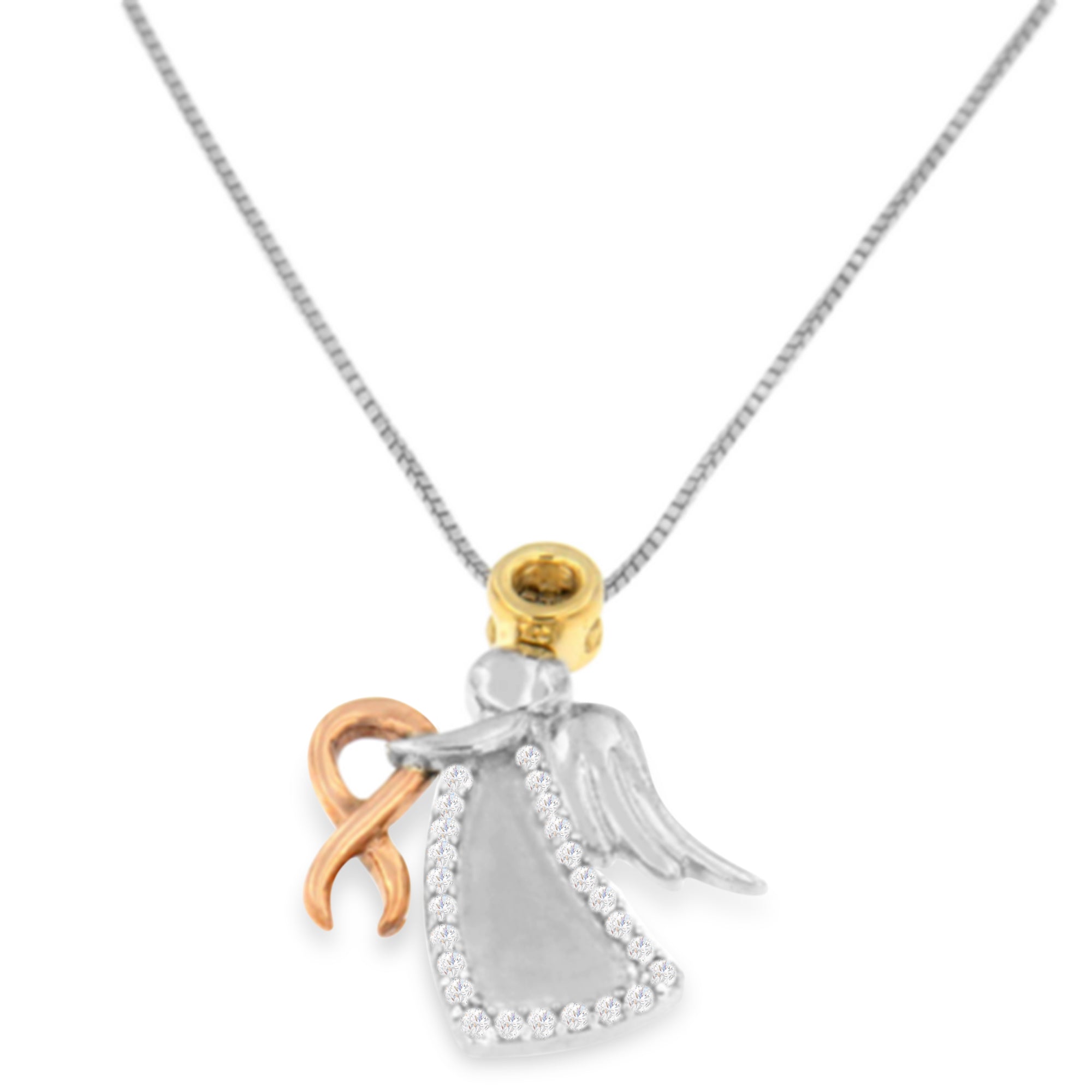 10K Tri-Color Gold Diamond-Accented Angel Awareness Ribbon Pendant Necklace H-I Color, I1-I2 Clarity on sale at MyriadMart