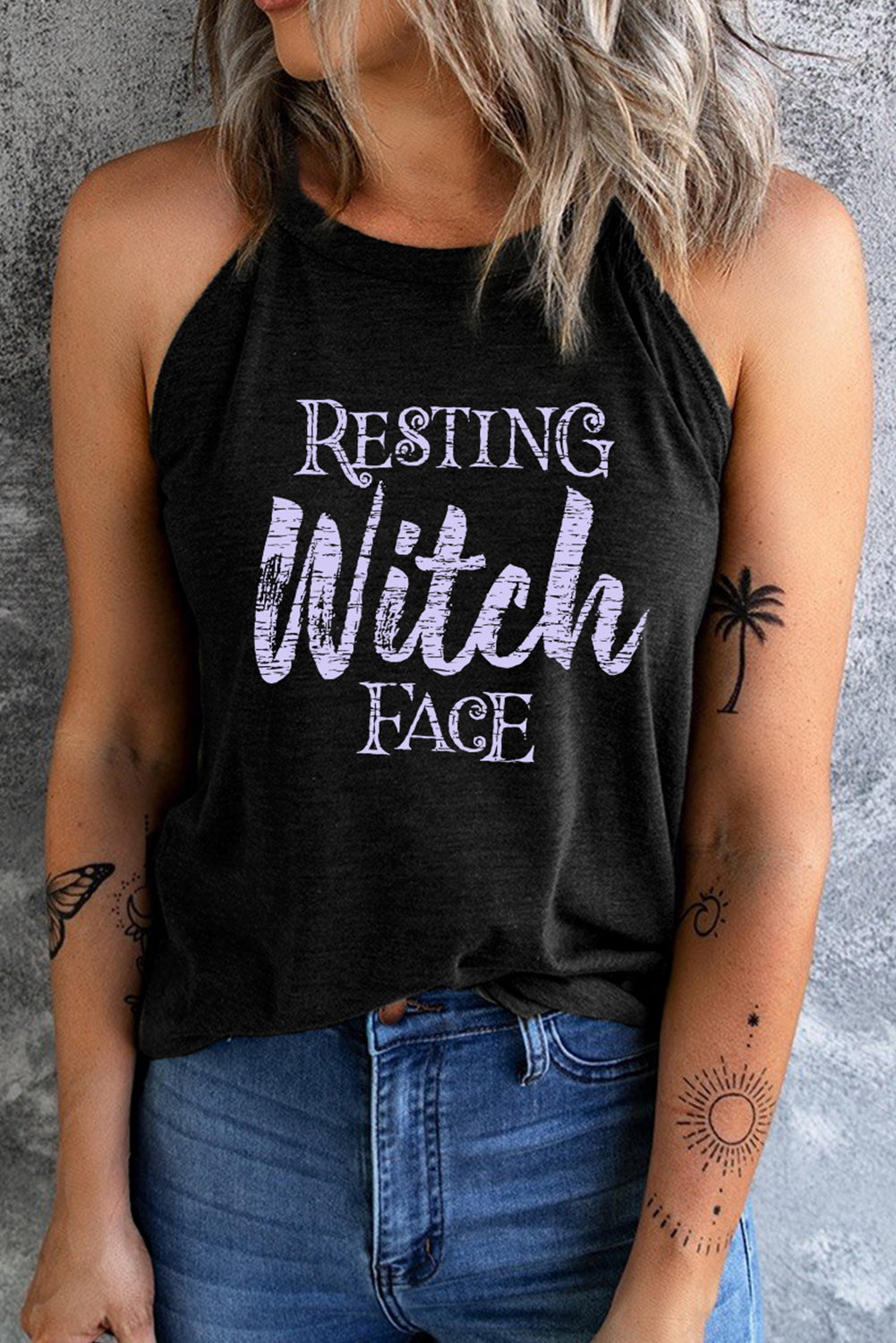 Round Neck RESTING WITCH FACE Graphic Tank Top - MyriadMart